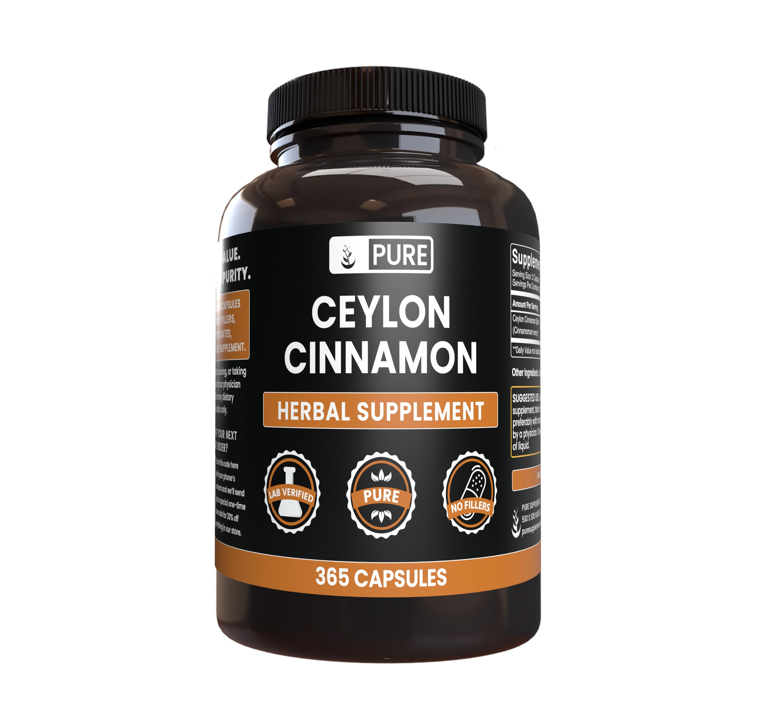 Pure Original Ceylon Cinnamon (365 Capsules) – No Magnesium or Rice Fillers
