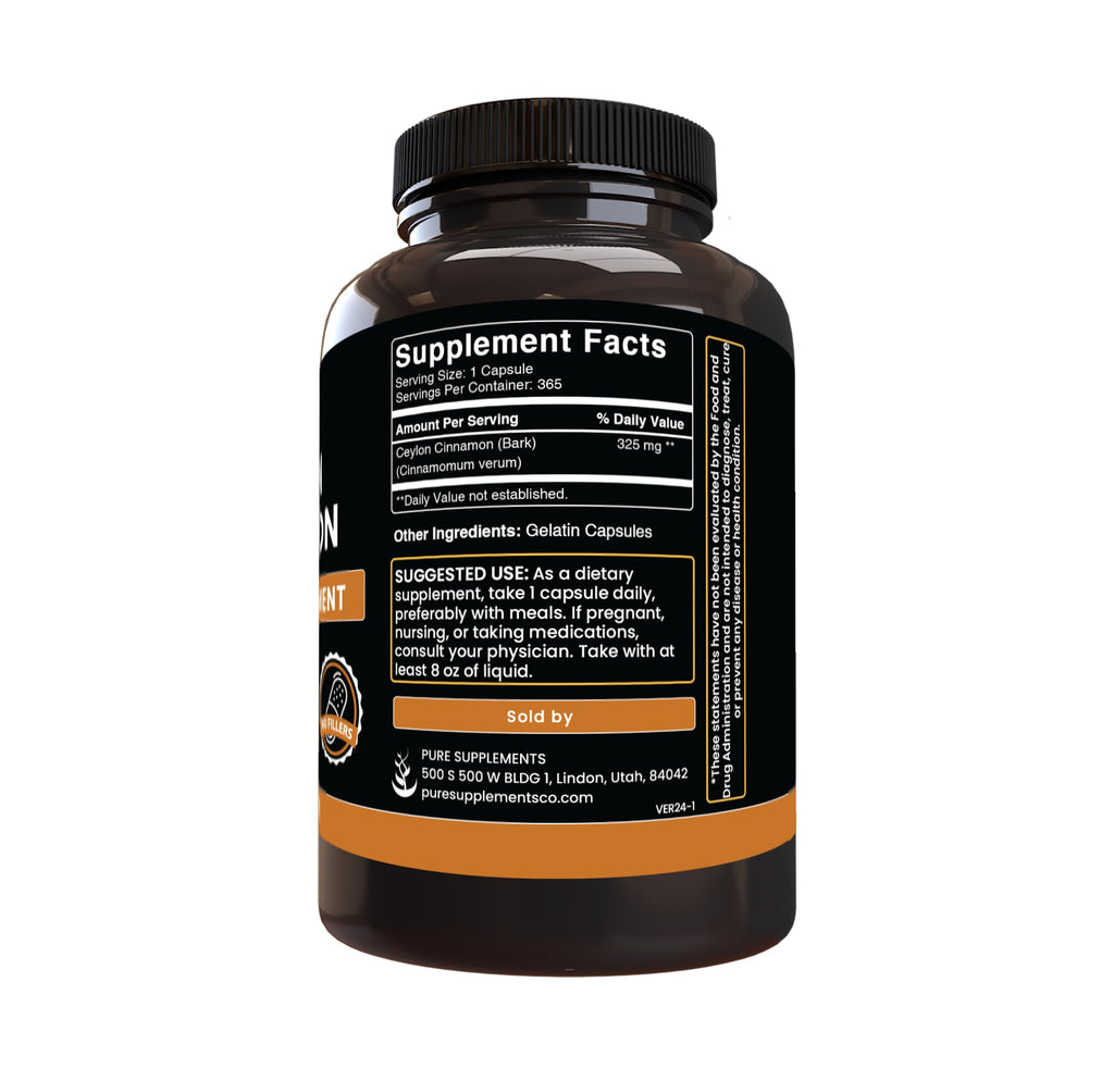 Pure Original Ceylon Cinnamon (365 Capsules) – No Magnesium or Rice Fillers