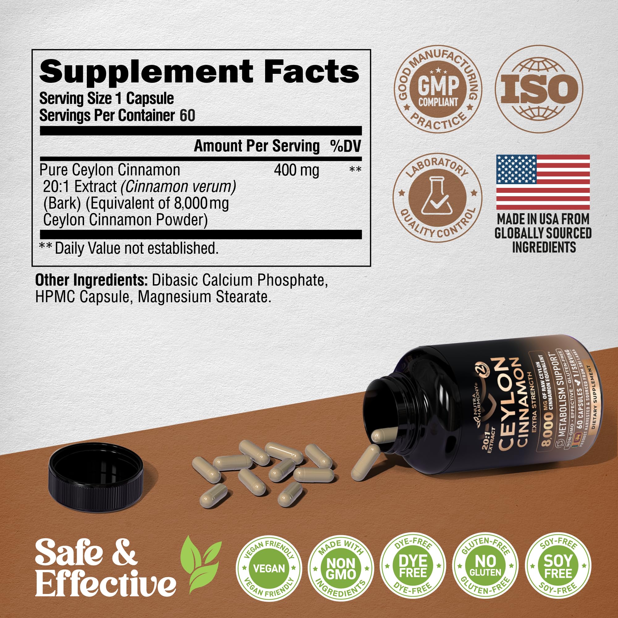 Ceylon Cinnamon Capsules – Extra Strength for Energy, Metabolism & Heart Health | 60 Capsules | Made in USA