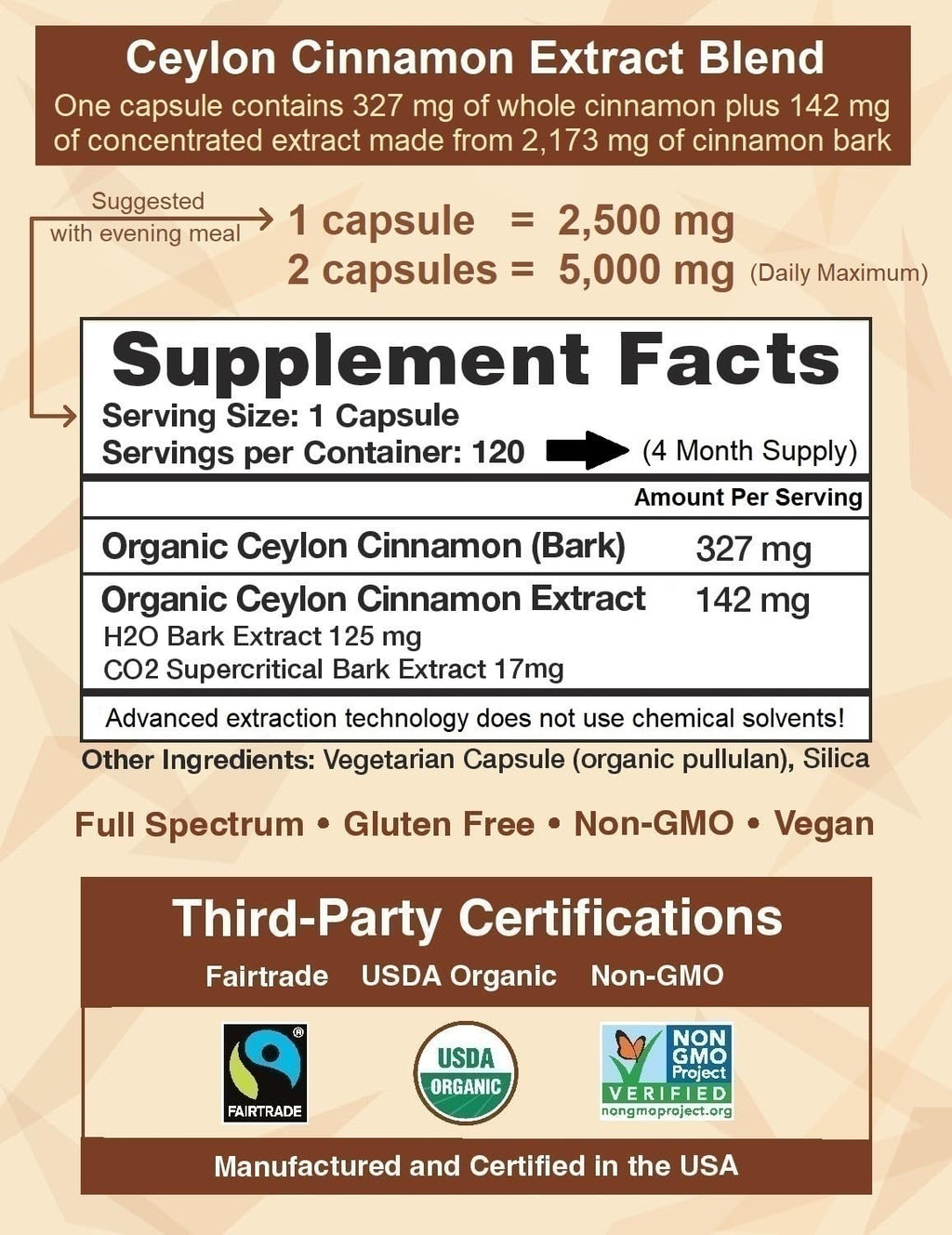 Ceylon Cinnamon Shop CinnaGuard Organic Cinnamon 2500mg – Extra Strength, 120 Count