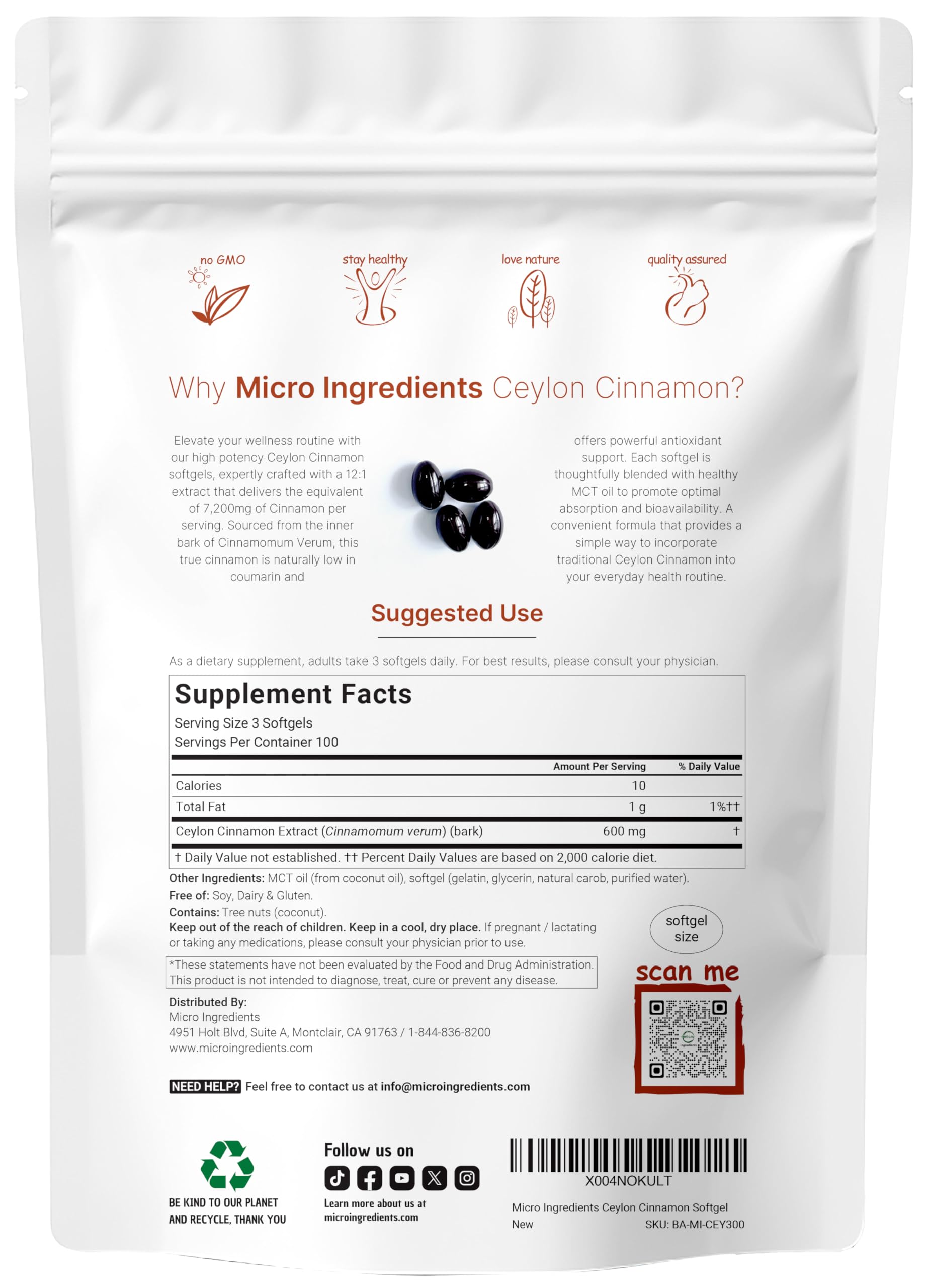 Ceylon Cinnamon Softgels with MCT Oil | 300 Count | Micro Ingredients