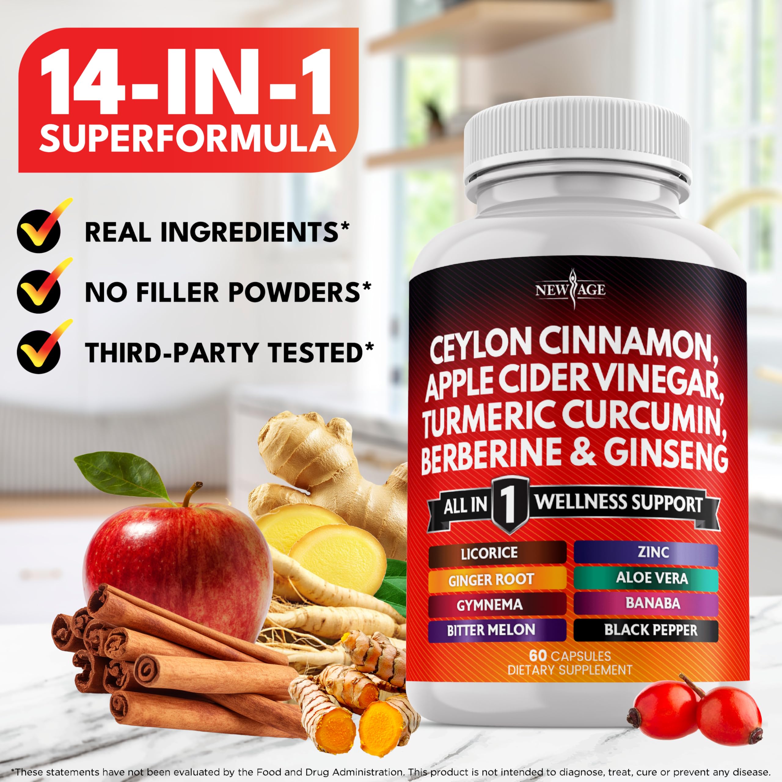 Ceylon Cinnamon Turmeric ACV Ginseng Berberine Banaba 60 Count
