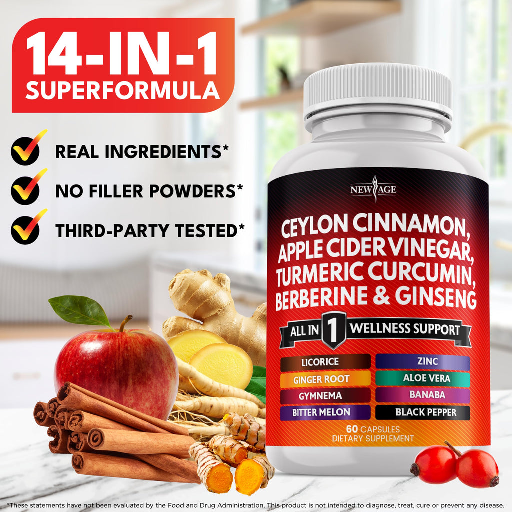 NEW AGE Ceylon Cinnamon Turmeric ACV Ginseng 14-in-1 Capsule – 180 Count