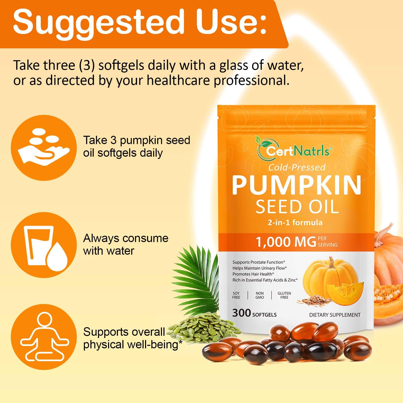 CFHQXSZ Pumpkin Seed Oil with Saw Palmetto Capsules — Cold Pressed, 300 Softgels for Prostate & Hair Health | Non-GMO, Soy Free, Gluten Free