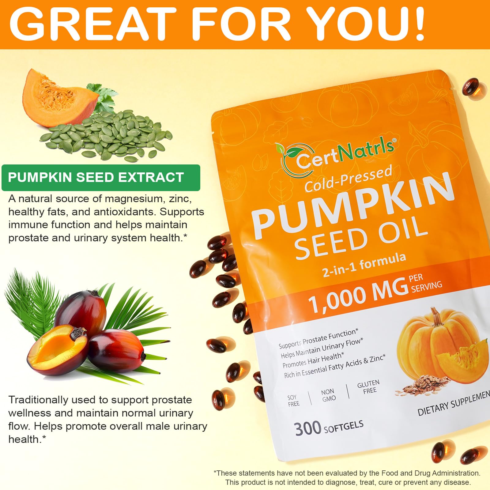 CFHQXSZ Pumpkin Seed Oil with Saw Palmetto Capsules — Cold Pressed, 300 Softgels for Prostate & Hair Health | Non-GMO, Soy Free, Gluten Free