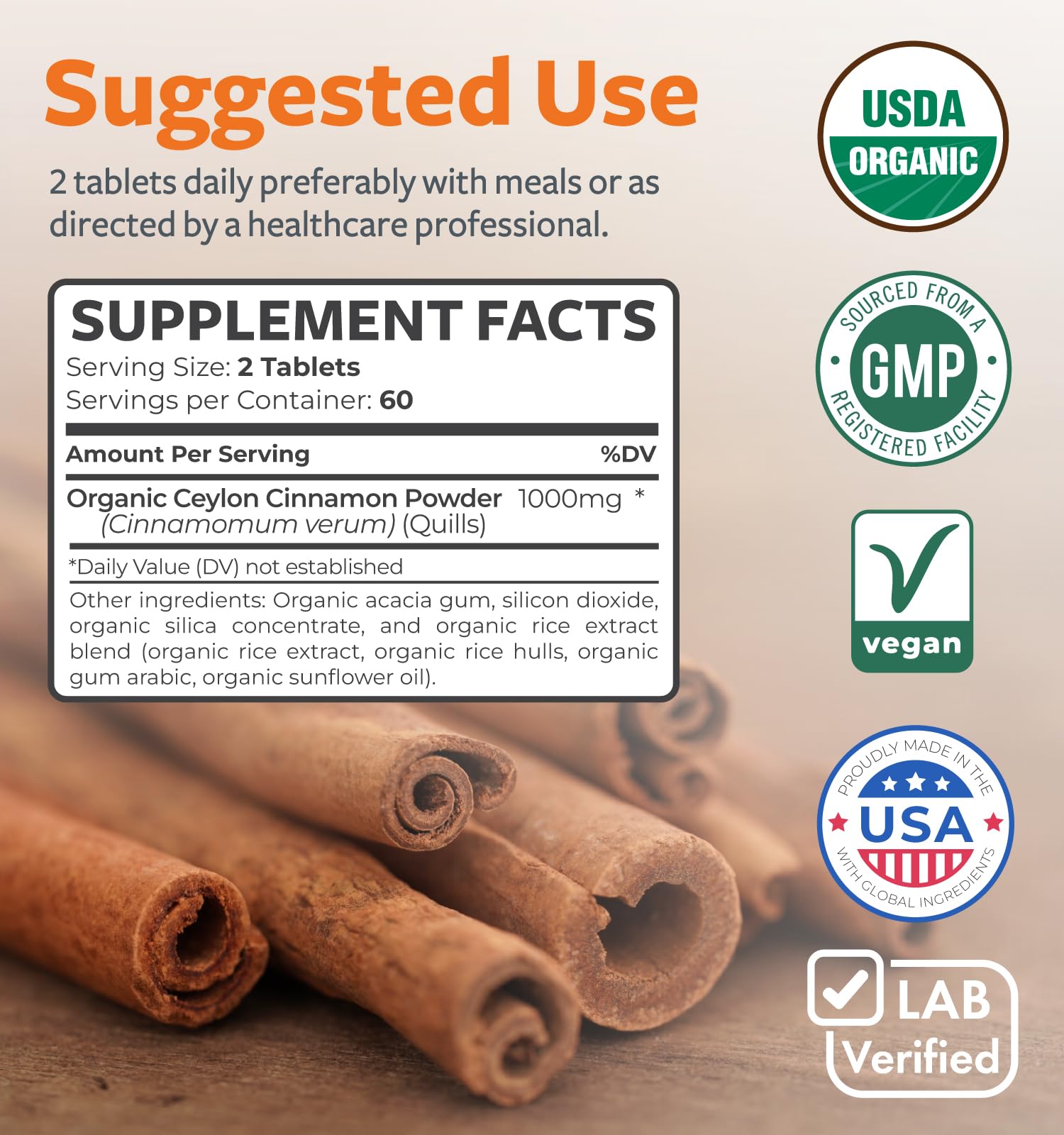USDA Organic Ceylon Cinnamon Pills - 1000mg per Serving, 120 Veggie Capsules | Full Body Antioxidant Support | Vegan & Non-GMO (2 Months Supply)