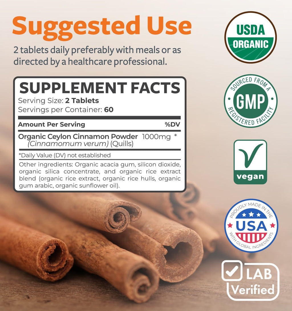 USDA Organic Ceylon Cinnamon Pills - 1000mg per Serving, 120 Veggie Capsules | Full Body Antioxidant Support | Vegan & Non-GMO (2 Months Supply)