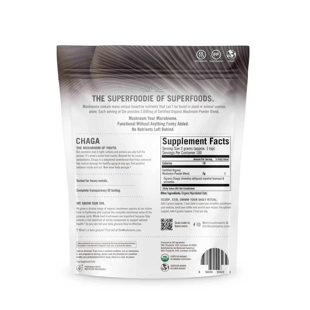 OM MUSHROOM SUPERFOOD Chaga Powder – 7.05 oz, 100 Servings, Organic