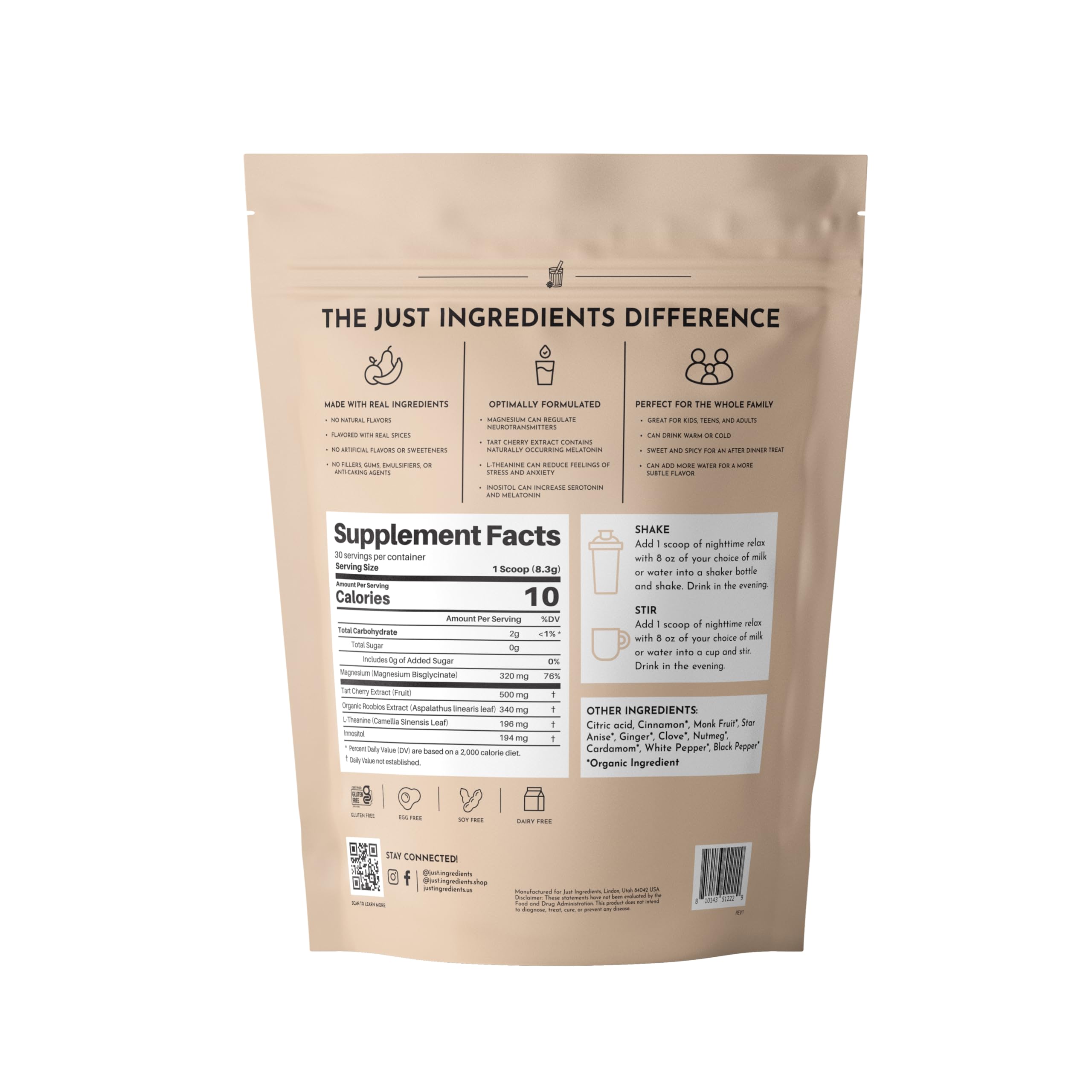 JUST INGREDIENTS Chai Nighttime Relax Drink Mix – 30 Servings | No Sugar Added | Magnesium, L-Theanine, Chamomile & Tart Cherry