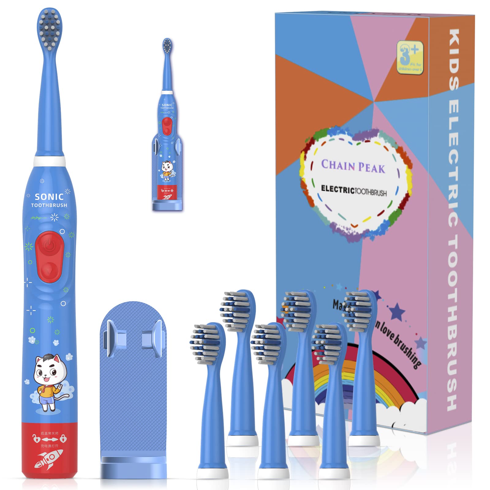 CHAIN PEAK Kids Sonic Electric Toothbrush – 6 Modes, 30s Reminder, 2-Min Timer, USB Rechargeable, Blue