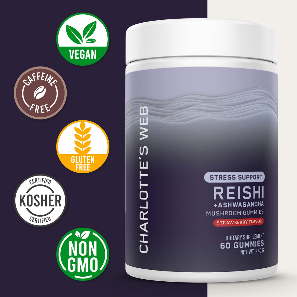 Charlotte's Web Stress Support Mushroom Gummies with Reishi, Ashwagandha & Rhodiola – Strawberry, 30 Servings