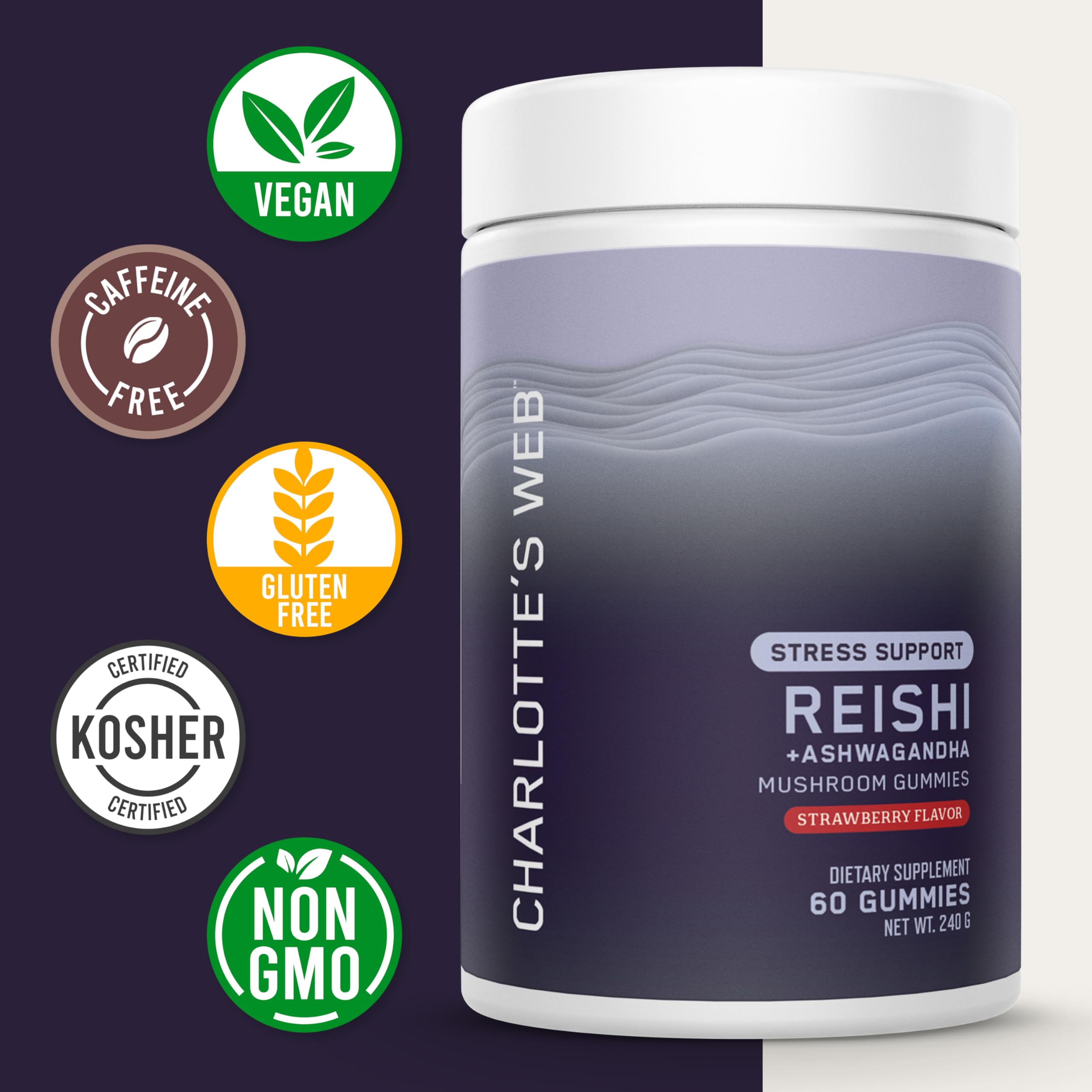 Charlotte's Web Stress Support Mushroom Gummies with Reishi, Ashwagandha & Rhodiola – Strawberry, 30 Servings