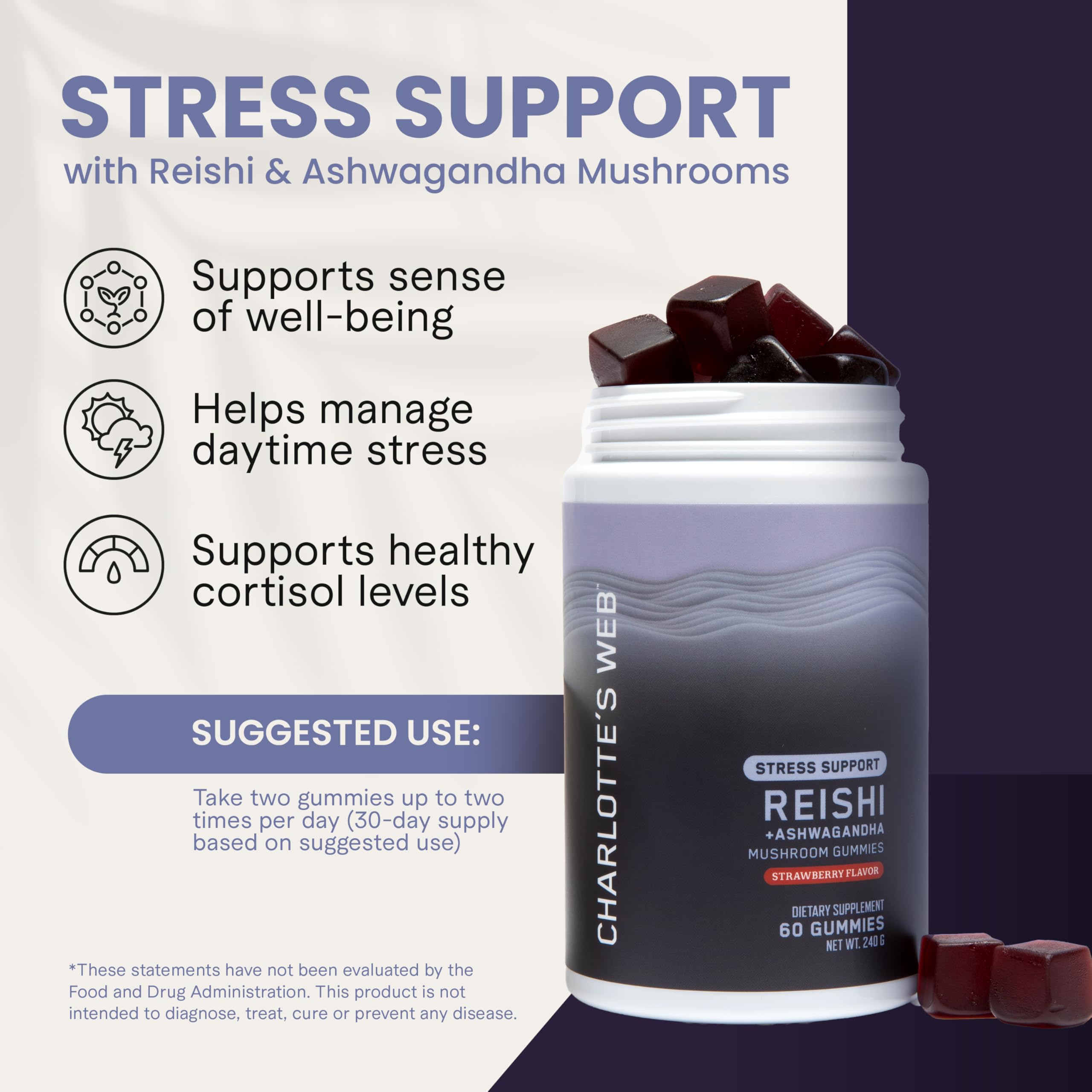 Charlotte's Web Stress Support Mushroom Gummies with Reishi, Ashwagandha & Rhodiola – Strawberry, 30 Servings