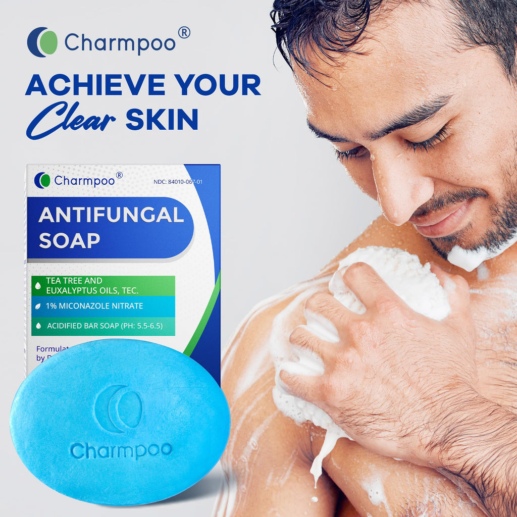 CHARMPOO Antifungal Soap with Tea Tree Oil – 2 Medicated Bars (9 oz total) for Athlete’s Foot, Ringworm & Jock Itch | Daily Skin Care for Women & Men
