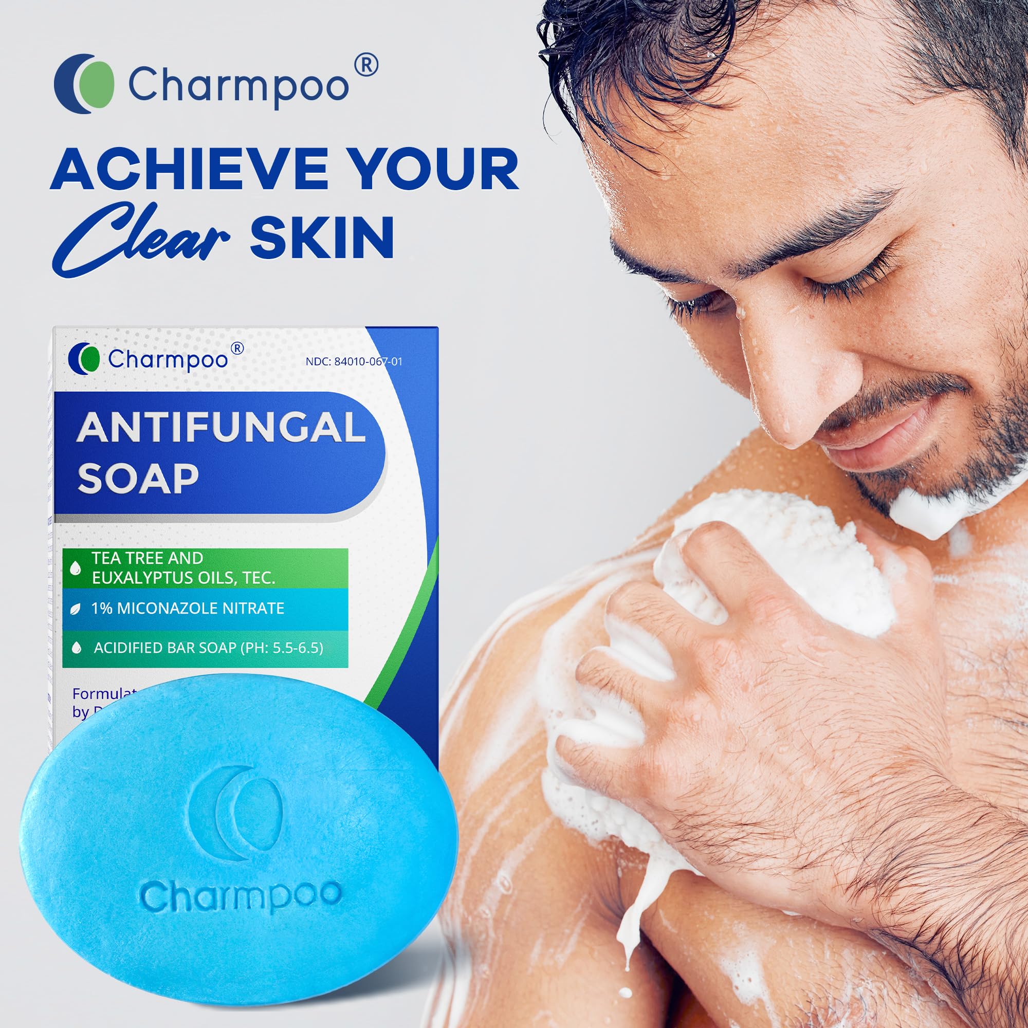 CHARMPOO Antifungal Soap with Tea Tree Oil – 2 Medicated Bars (9 oz total) for Athlete’s Foot, Ringworm & Jock Itch | Daily Skin Care for Women & Men