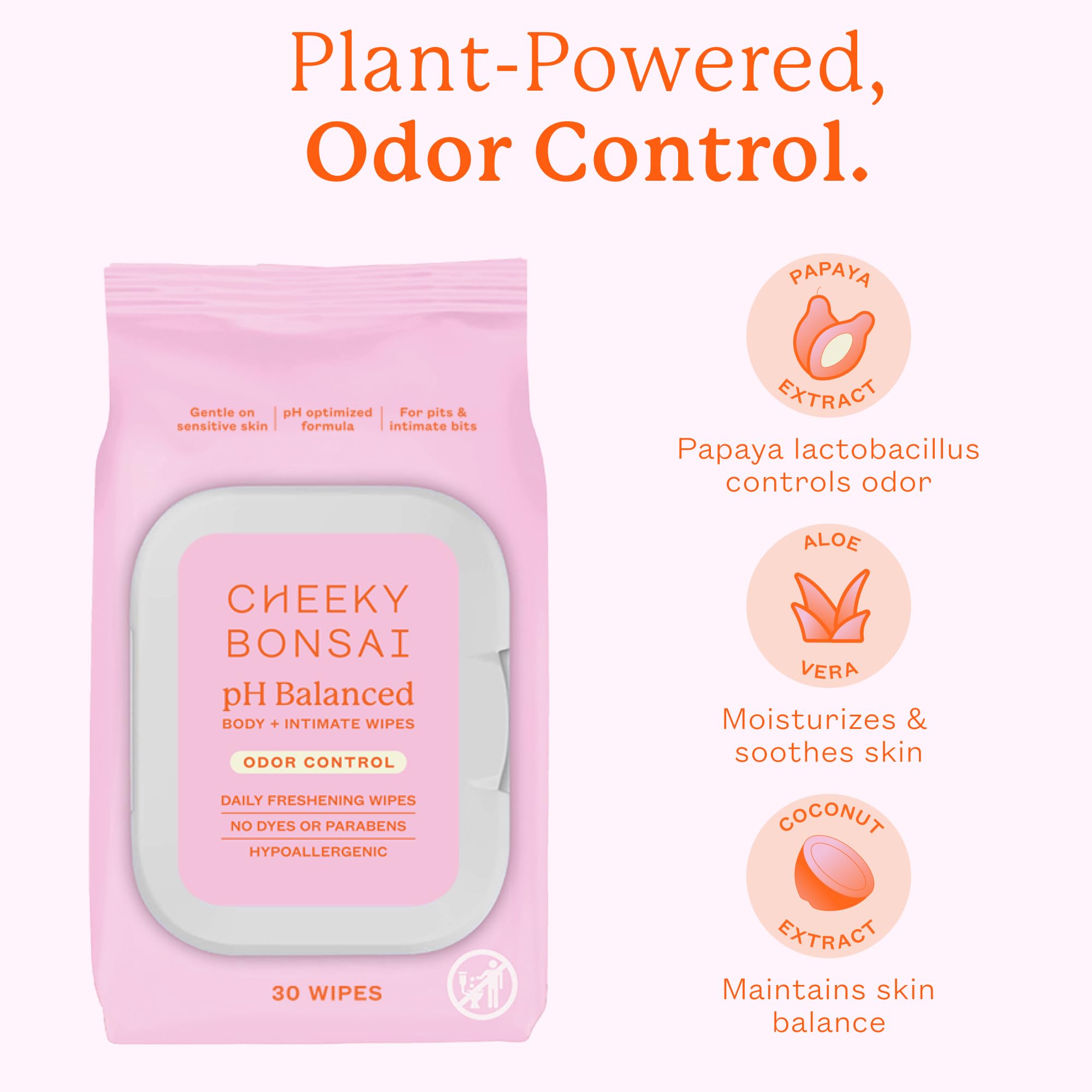 Cheeky Bonsai pH Balanced Feminine Wipes – Odor Control, Sensitive-Skin Friendly (30 Count)
