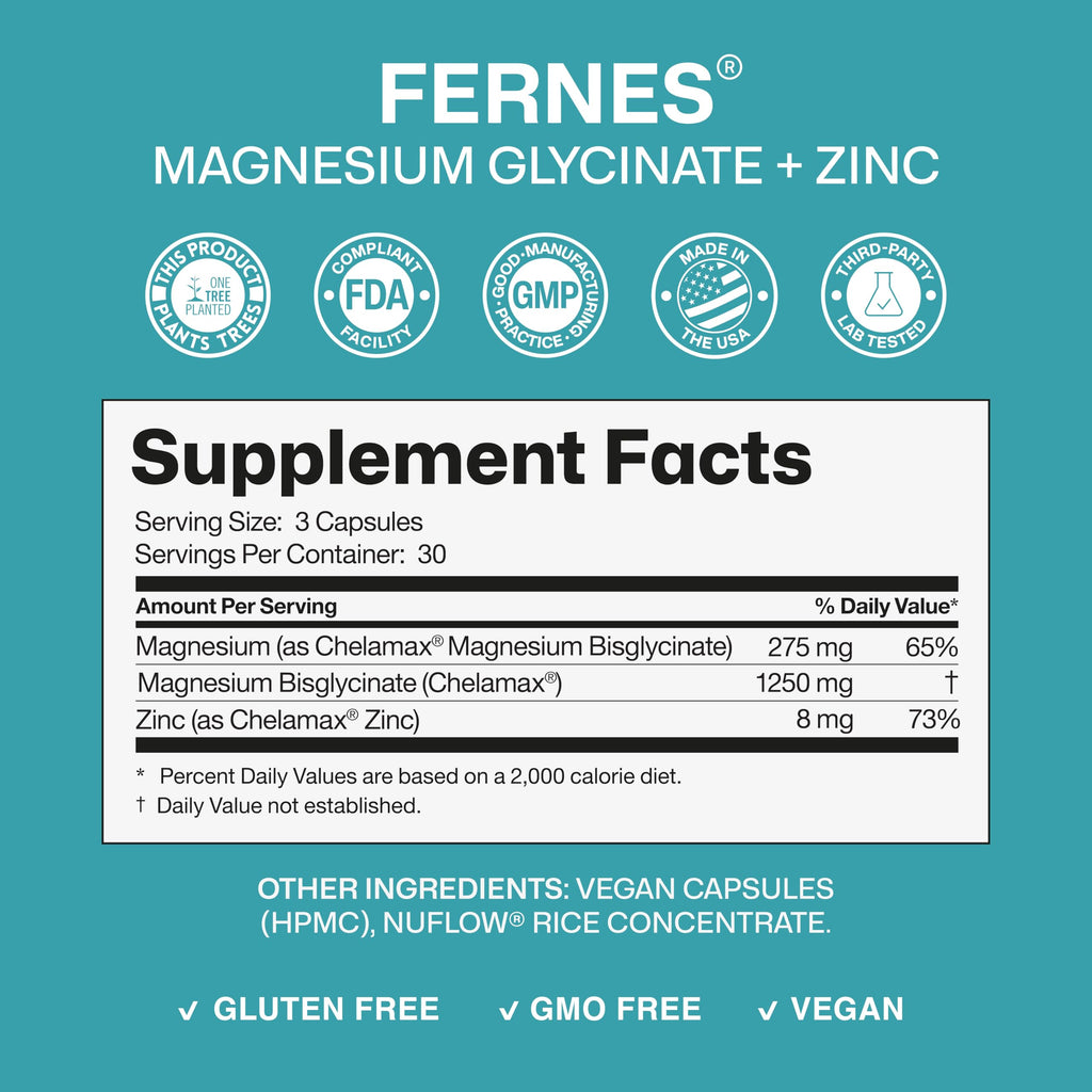 Magnesium Glycinate 1250mg with Zinc – Gentle on Stomach, High Absorption – 90 Capsules – Gluten-Free, Non-GMO, Vegan – Made in USA