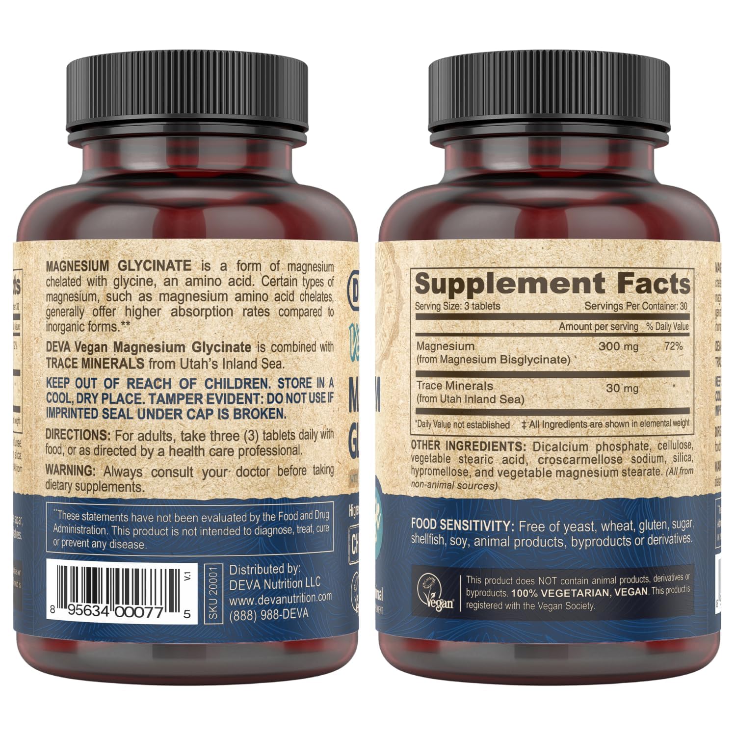 DEVA Vegan Magnesium Glycinate 300mg | Trace Minerals | 90 Tablets