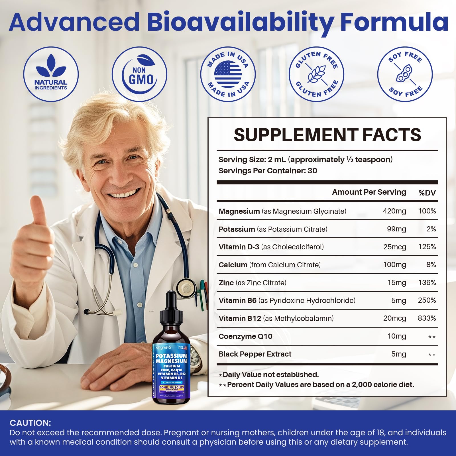 Potassium Magnesium Calcium Zinc Liquid Complex with D3, B6, B12 & CoQ10 | Chelated Minerals for Heart, Bones, Sleep & Anti-Aging | 2 fl oz