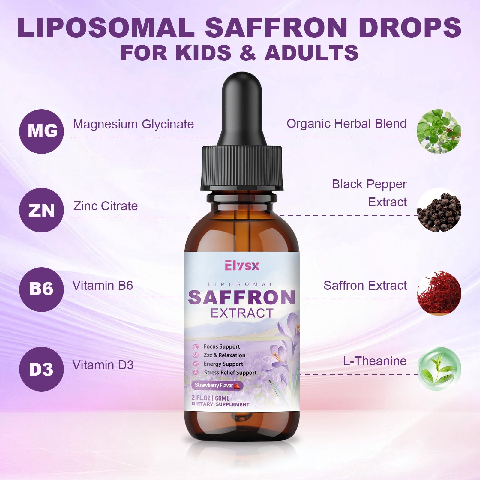 Liposomal Saffron Drops for Kids & Adults – Strawberry (2oz) | Organic Saffron, L-Theanine