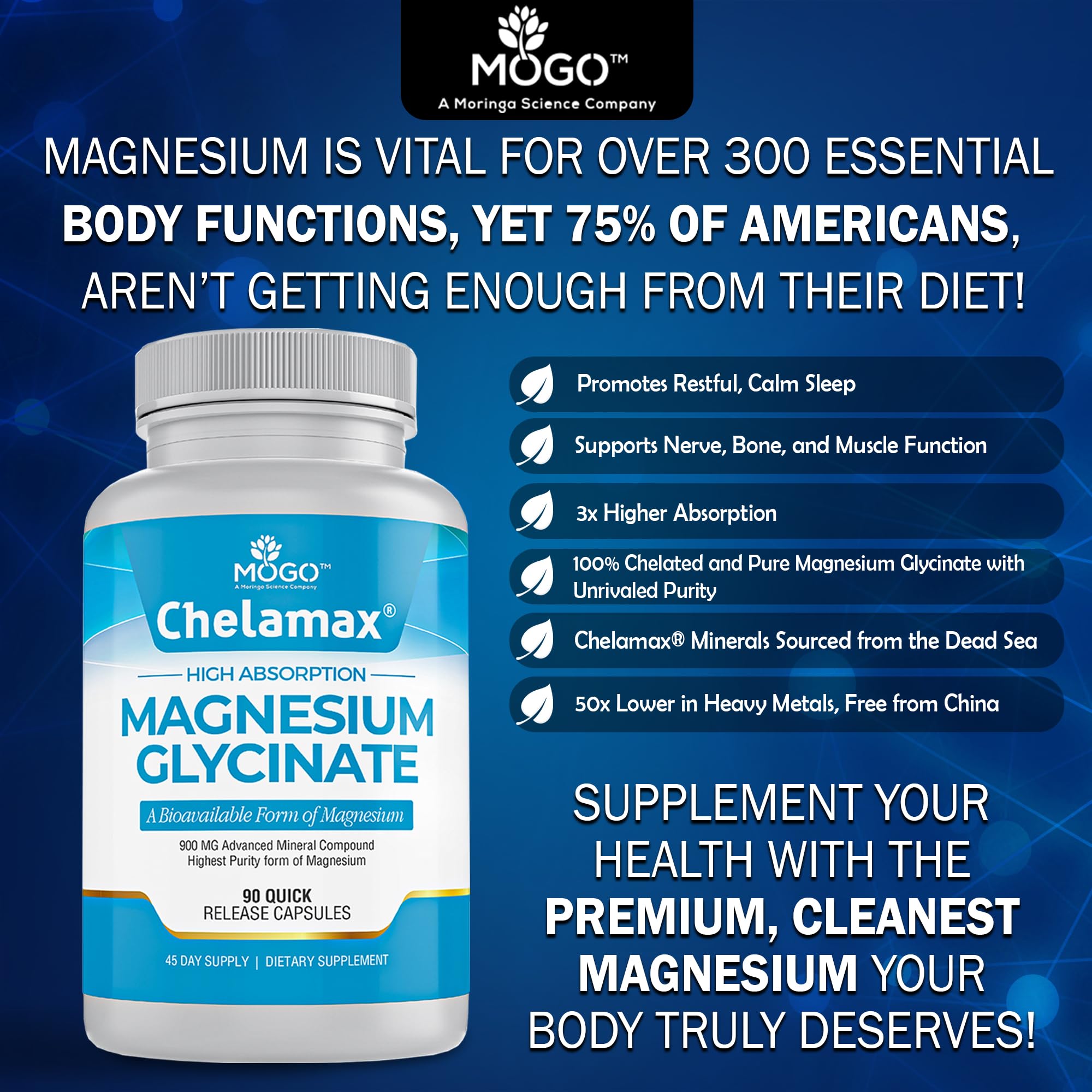 Chelamax Magnesium Glycinate | Dead Sea Sourced, 200mg Elemental Mg | Sleep & Muscle Health