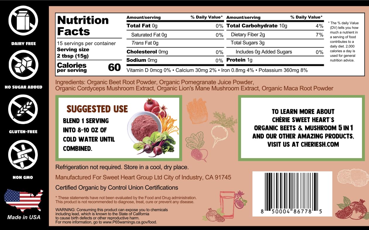 Cherie Sweet Heart Organic Beets & Mushroom 5 in 1 - Beet Root Powder, Mushroom Powder, 8 oz Jar, USDA Organic