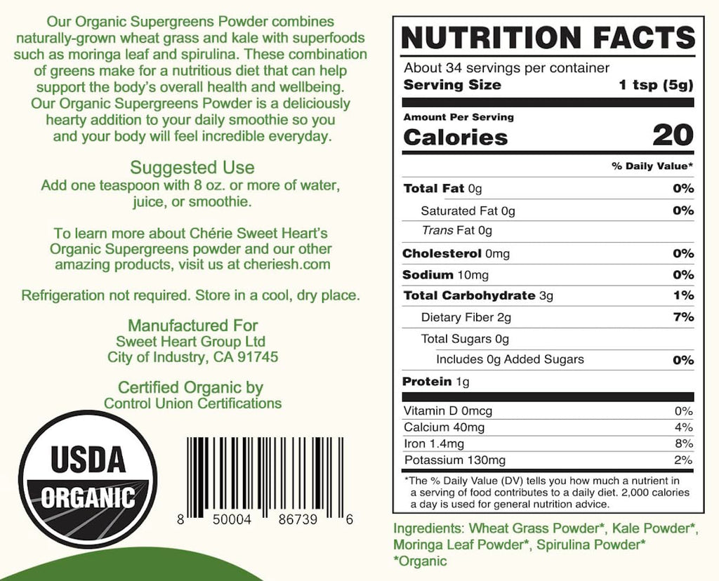 Cherie Sweet Heart Supergreens Powder | Organic Greens & Smoothie Superfood (6 oz, 34 Servings)
