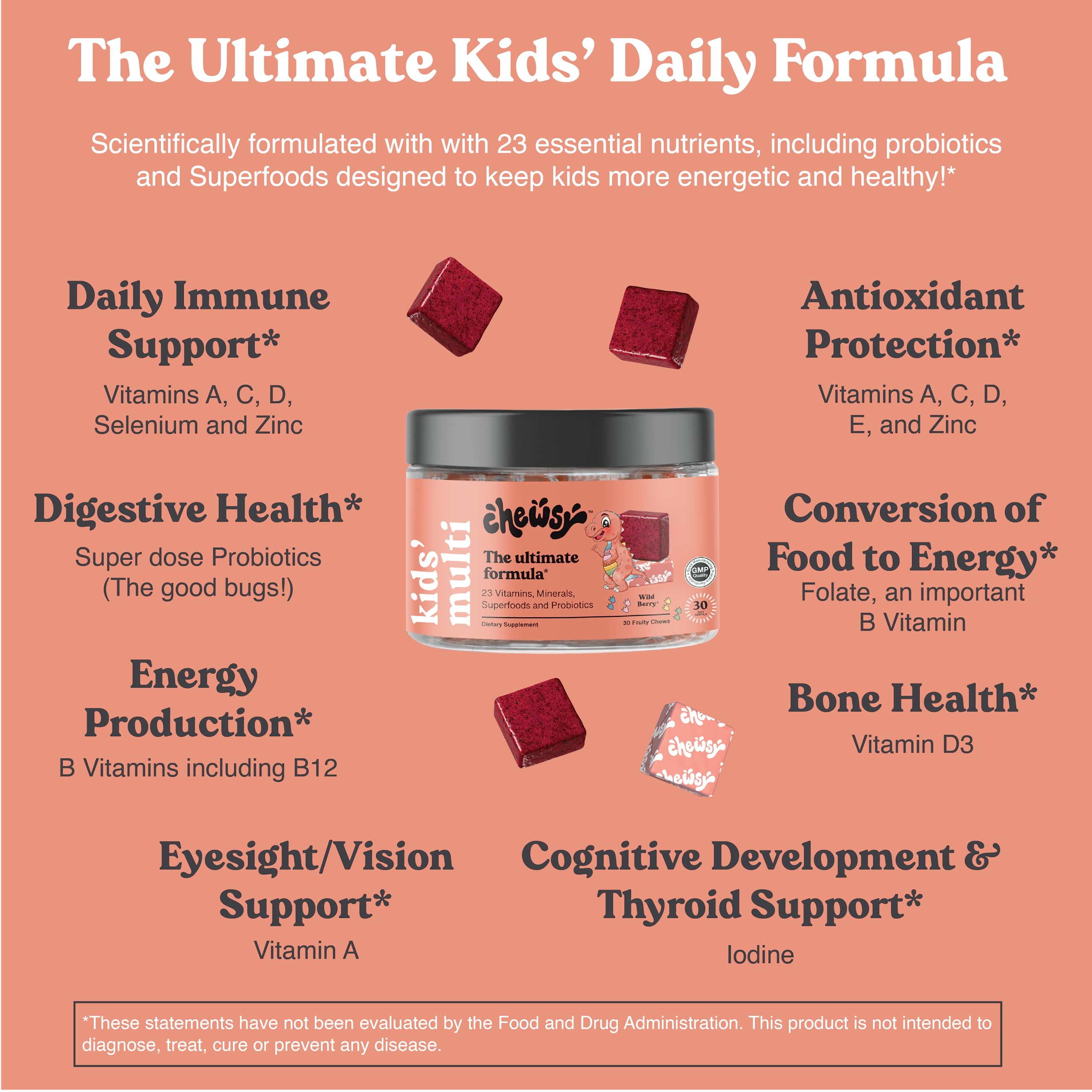 Chewsy Kids’ Multivitamin: Wild Berry Candy-Style Daily Vitamin Chews + Probiotics & Superfoods | 30-Day Supply