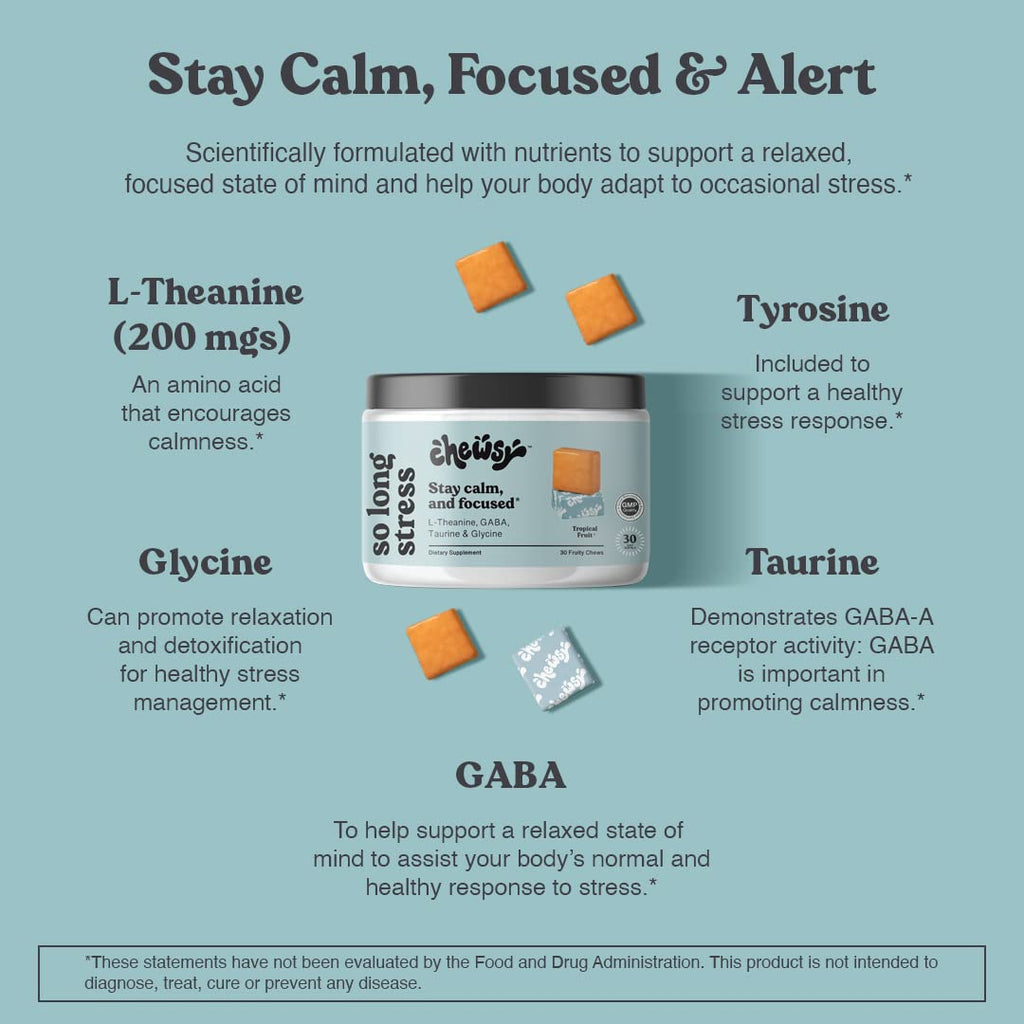 Chewsy So Long Stress – Calm Fruity Chews with L-Theanine, GABA, Magnesium | Non-GMO & Gluten-Free, 30-Day Supply