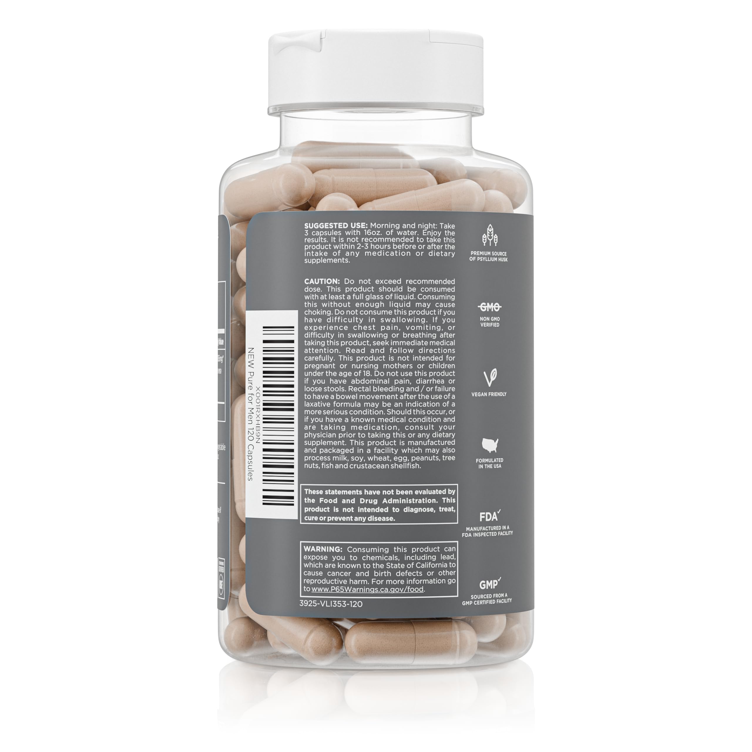 Pure for Men Original Vegan Stay Ready Fiber Supplement – Digestive Health & Regularity, 120 Vegan Capsules