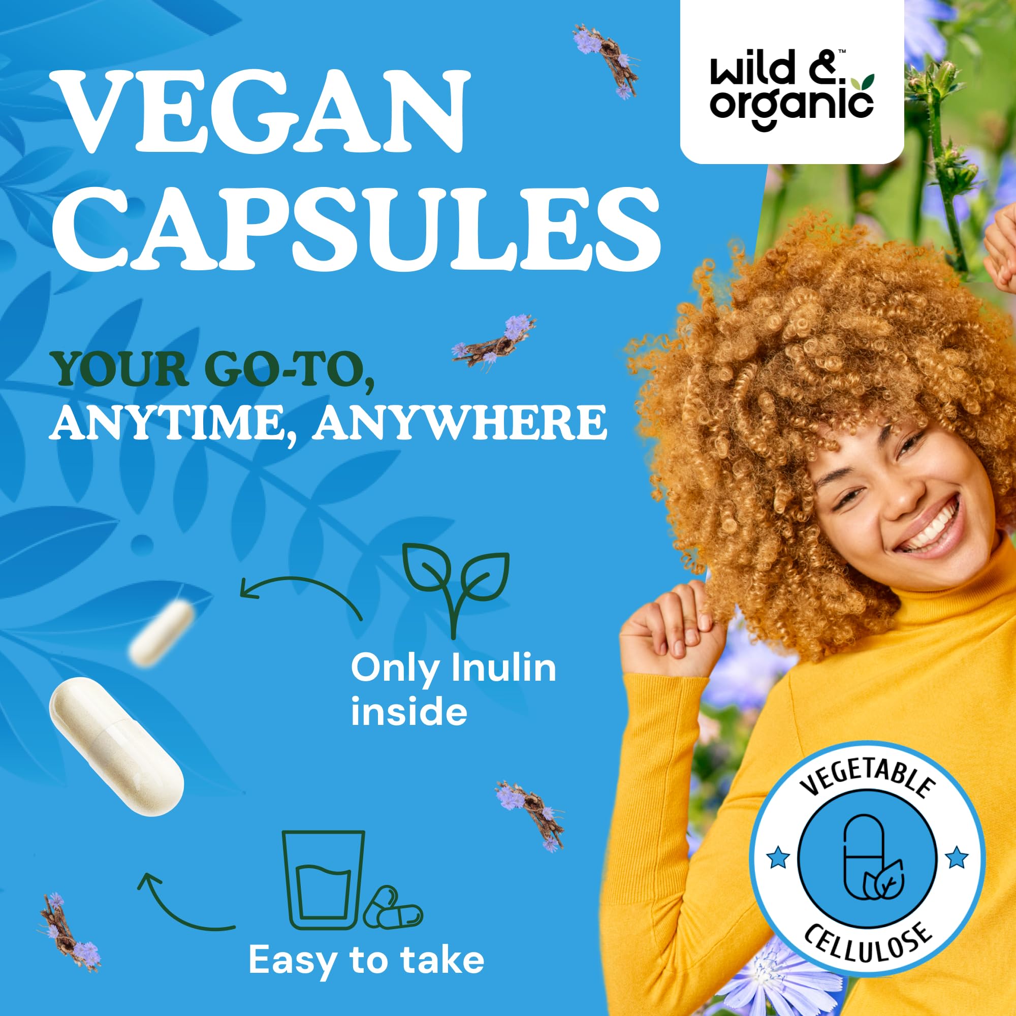 Wild & Organic Inulin Capsules 1400 mg – Vegan Prebiotic Fiber (Chicory Root) – 180 Capsules