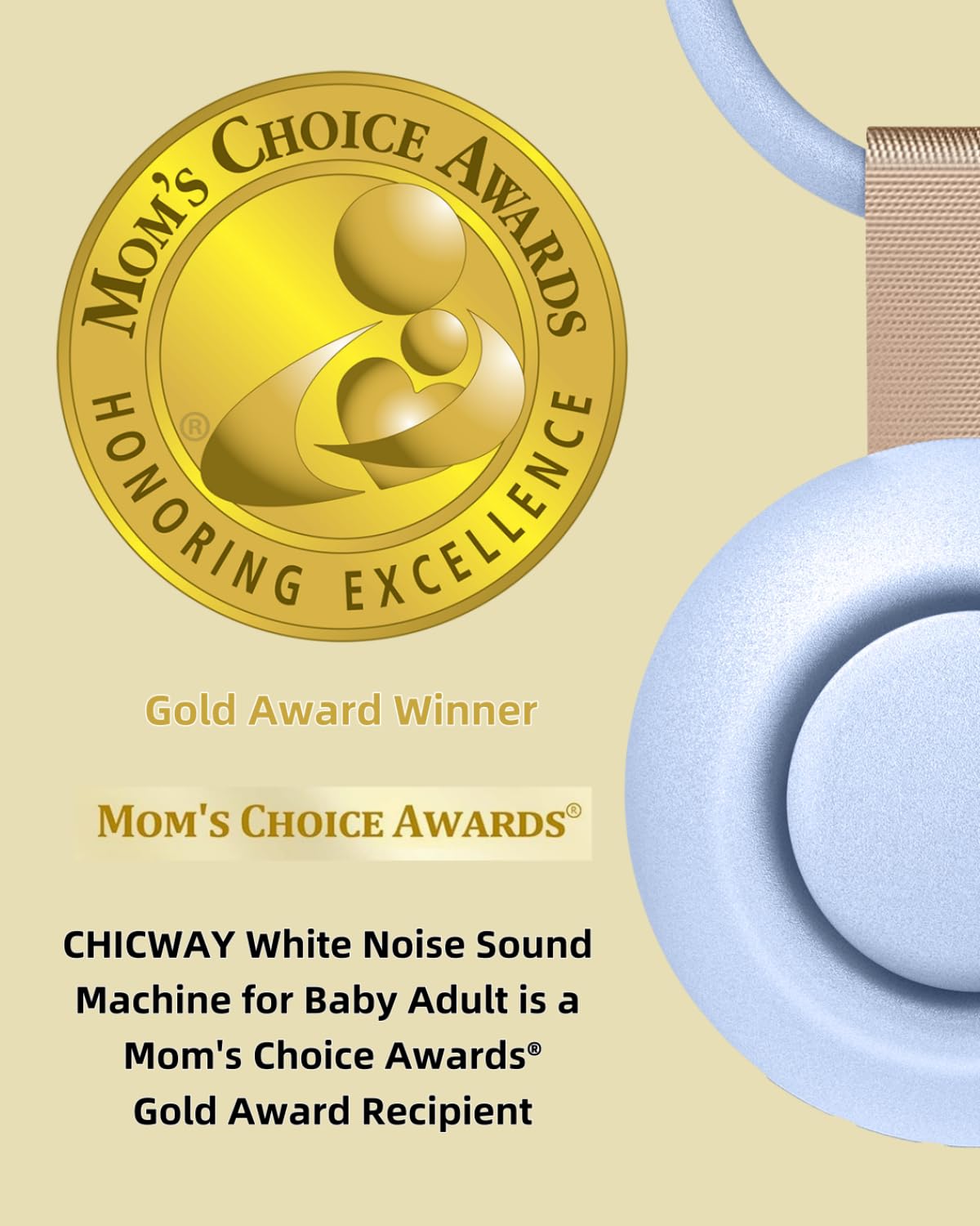 CHICWAY 2025 Mom's Choice Awards Portable White Noise Machine | AI Cry Detection, 18 Sounds, Bluetooth