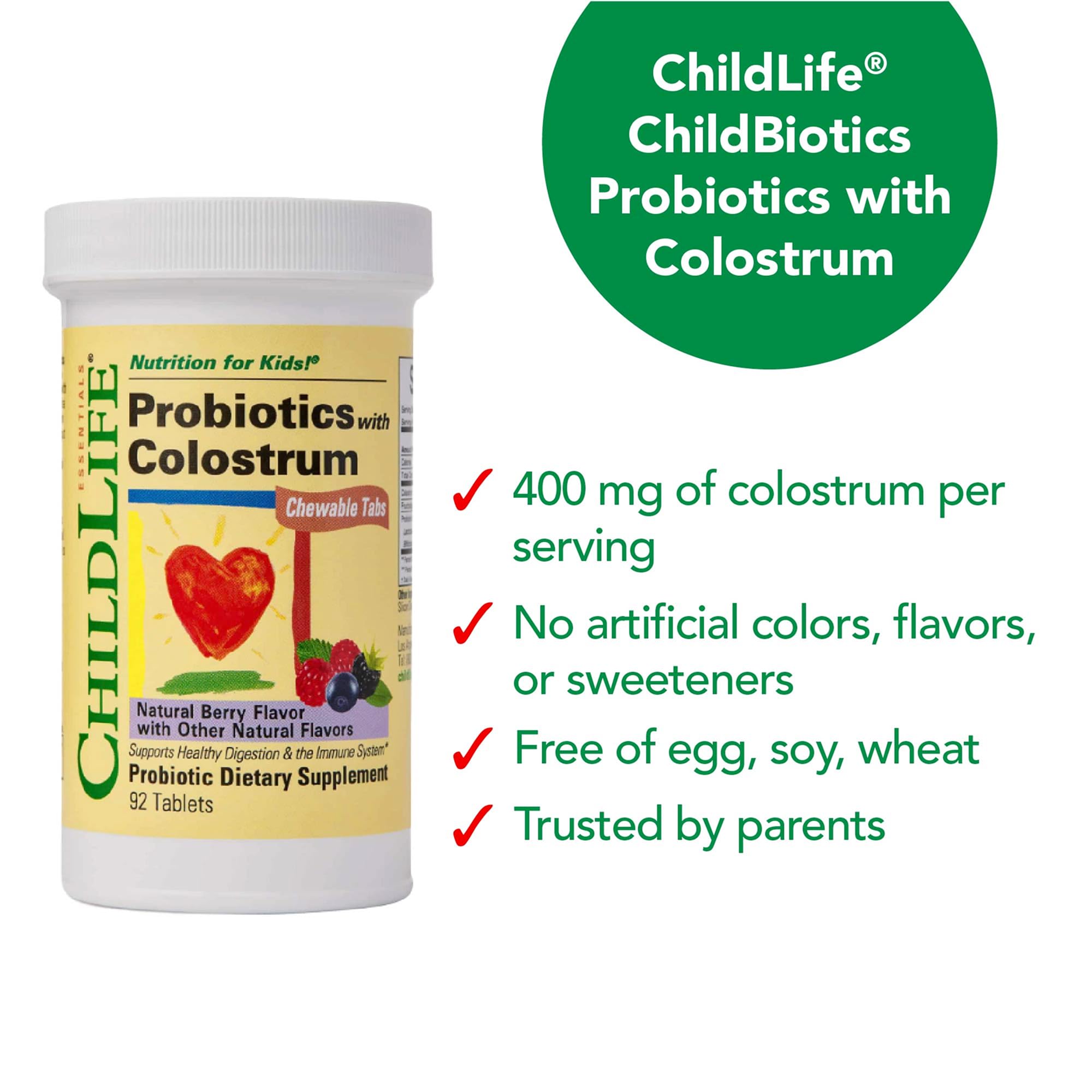 CHILDLIFE ESSENTIALS ChildBiotics with Colostrum – Probiotics for Kids, Berry Chewables, 92 Tablets (Pack of 2)
