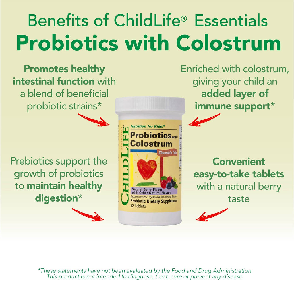 CHILDLIFE ESSENTIALS ChildBiotics with Colostrum – Probiotics for Kids, Berry Chewables, 92 Tablets (Pack of 2)