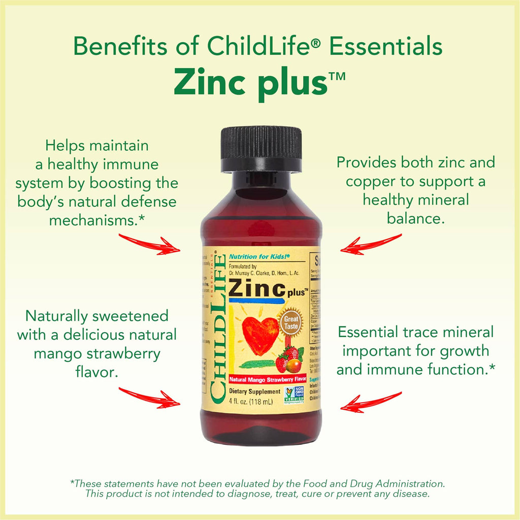 CHILDLIFE ESSENTIALS Zinc Plus for Kids & Toddlers – Immune Support, Mango Strawberry, 4 oz