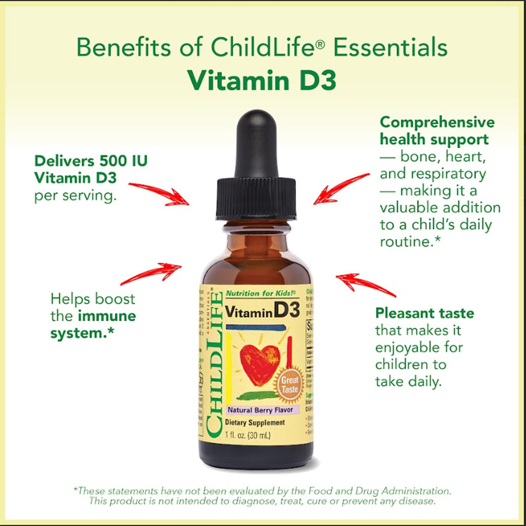 ChildLife Essentials Vitamin D3 Drops for Kids – 500 IU/Drop, 1oz Berry, 3-Pack