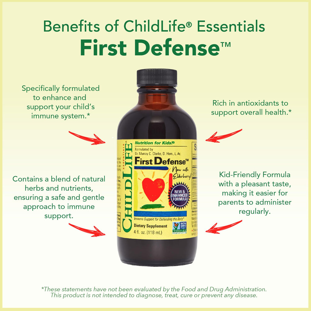 CHILDLIFE ESSENTIALS First Defense - Kids Immune Support with Elderberry & Zinc | Non-GMO, Gluten Free - 4 oz