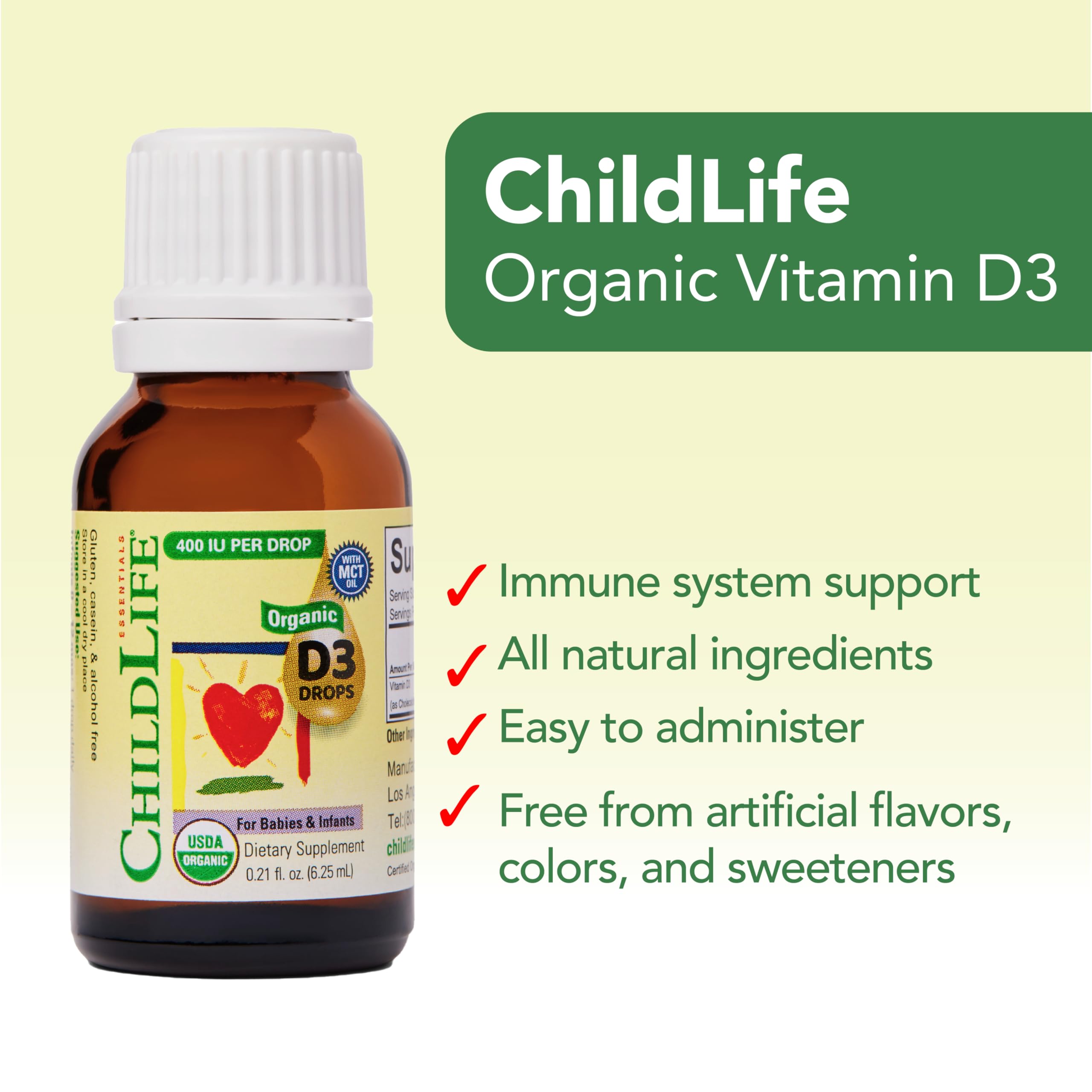 CHILDLIFE Essentials Organic Vitamin D3 Drops for Infants & Newborns – 400 IU/Drop, USDA Organic
