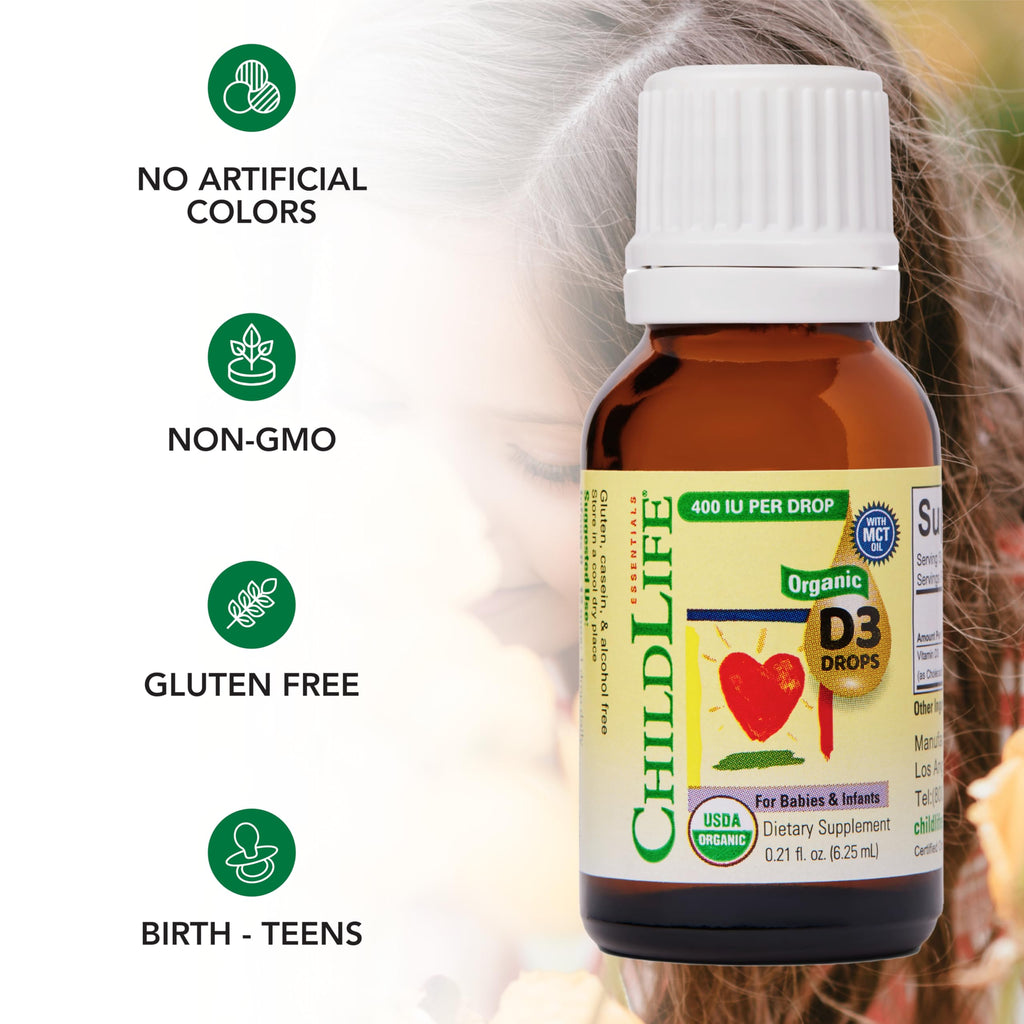 CHILDLIFE Essentials Organic Vitamin D3 Drops for Infants & Newborns – 400 IU/Drop, USDA Organic