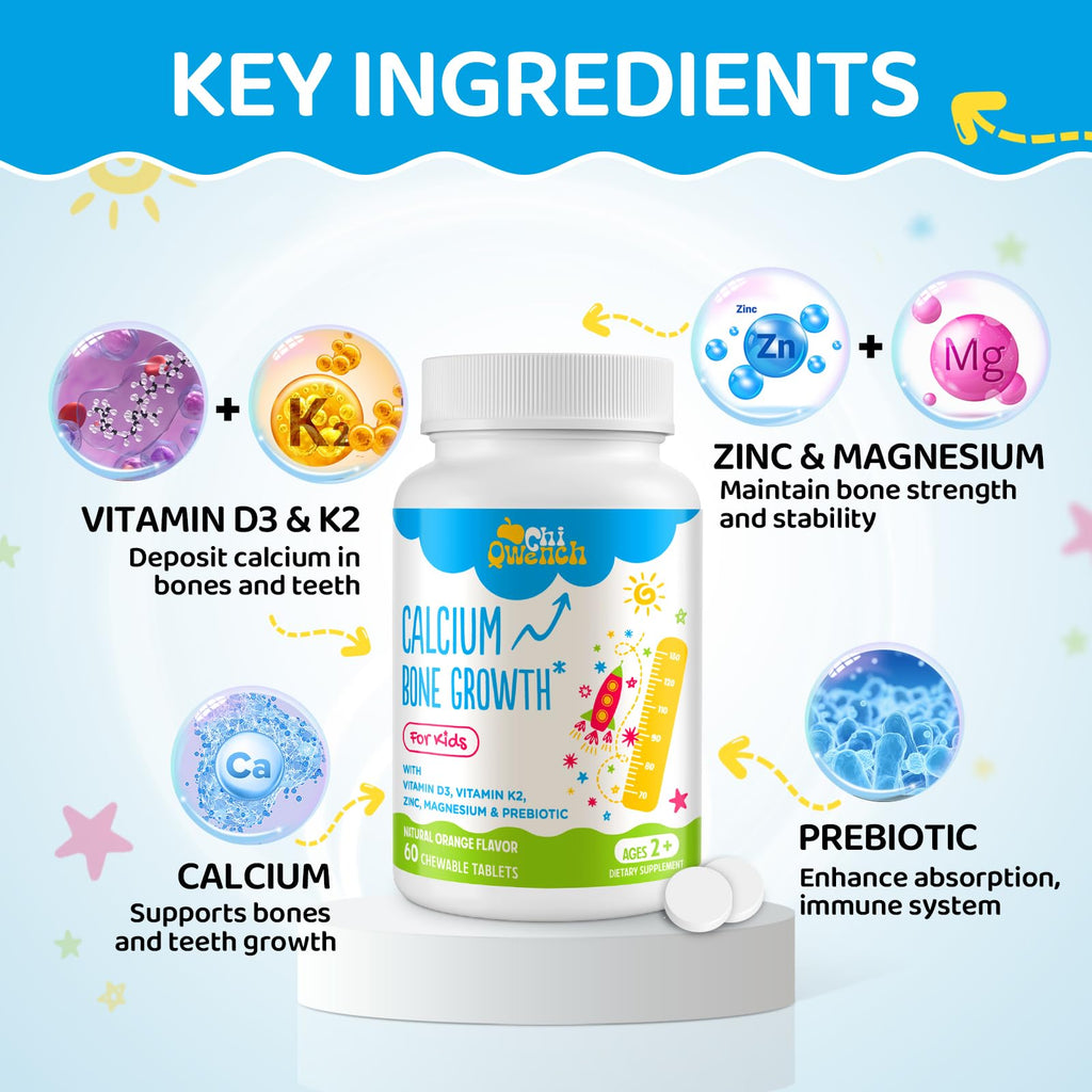 ChiQwench 500 mg Calcium + D3 & K2 with Zinc, Magnesium & Prebiotics – Orange Chewables for Kids’ Bone Health, Gluten Free, 120 Tabs
