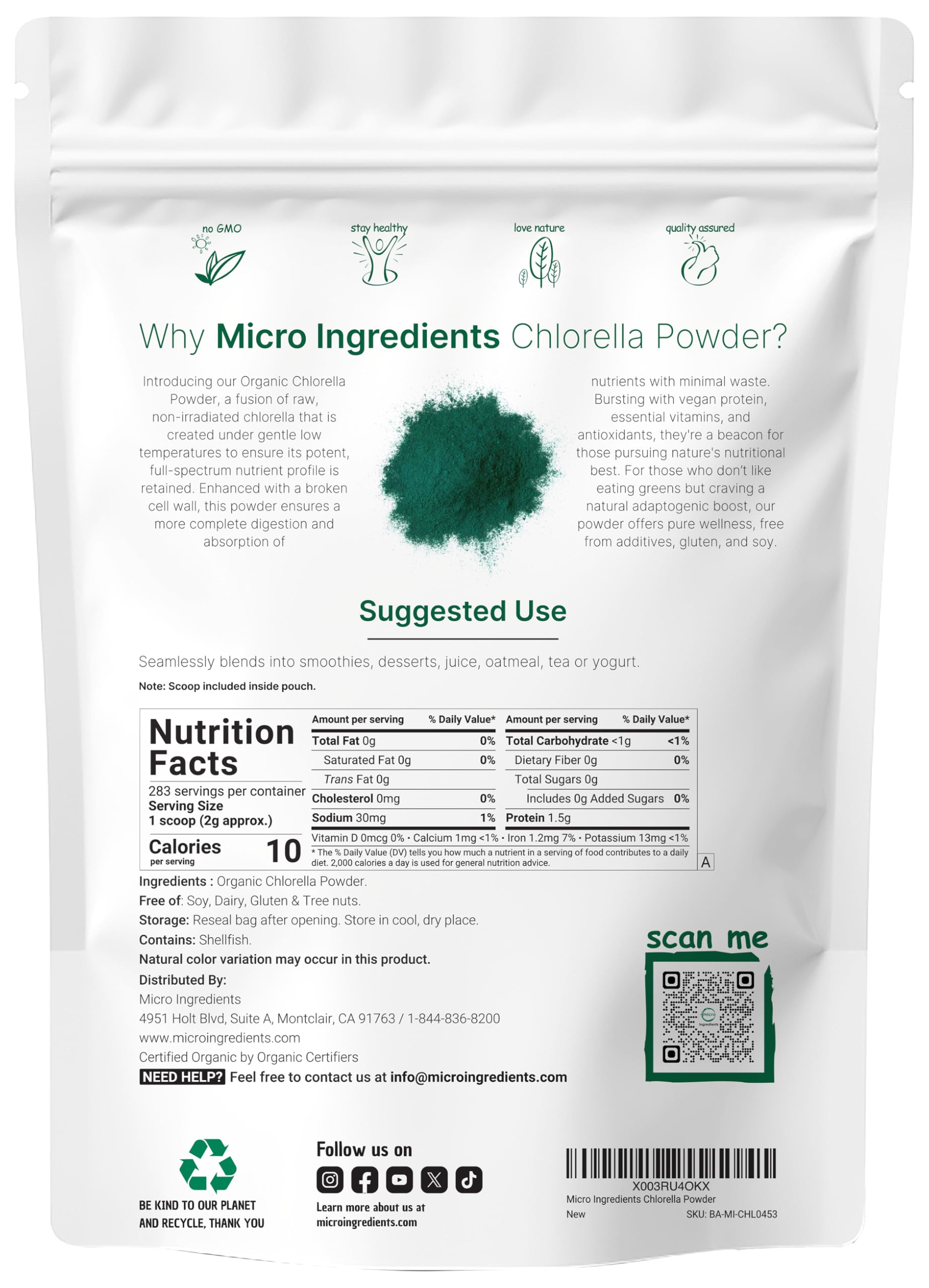 Micro Ingredients Organic Chlorella Powder – 20 oz | Broken Cell Wall | Vegan & Non-GMO