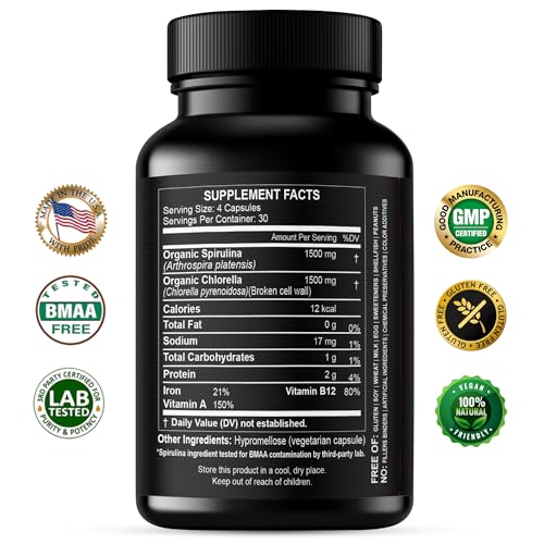 Chlorella Spirulina Capsules 3000 mg – BMAA Free | Blue-Green Algae
