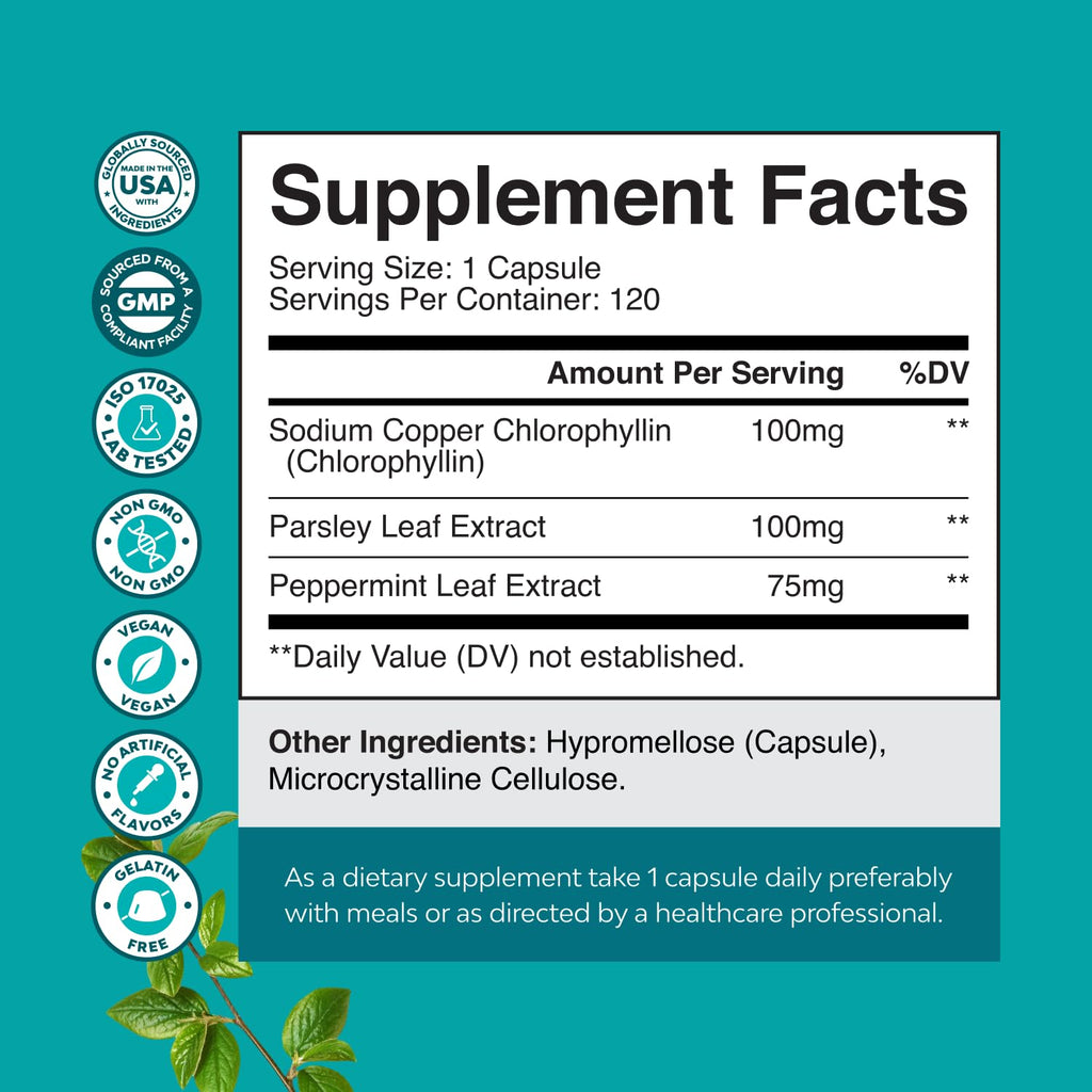 Chlorophyll Detox Capsules for Body Odor – Mint & Parsley (Vegan, Non-GMO, Gluten Free) 120ct