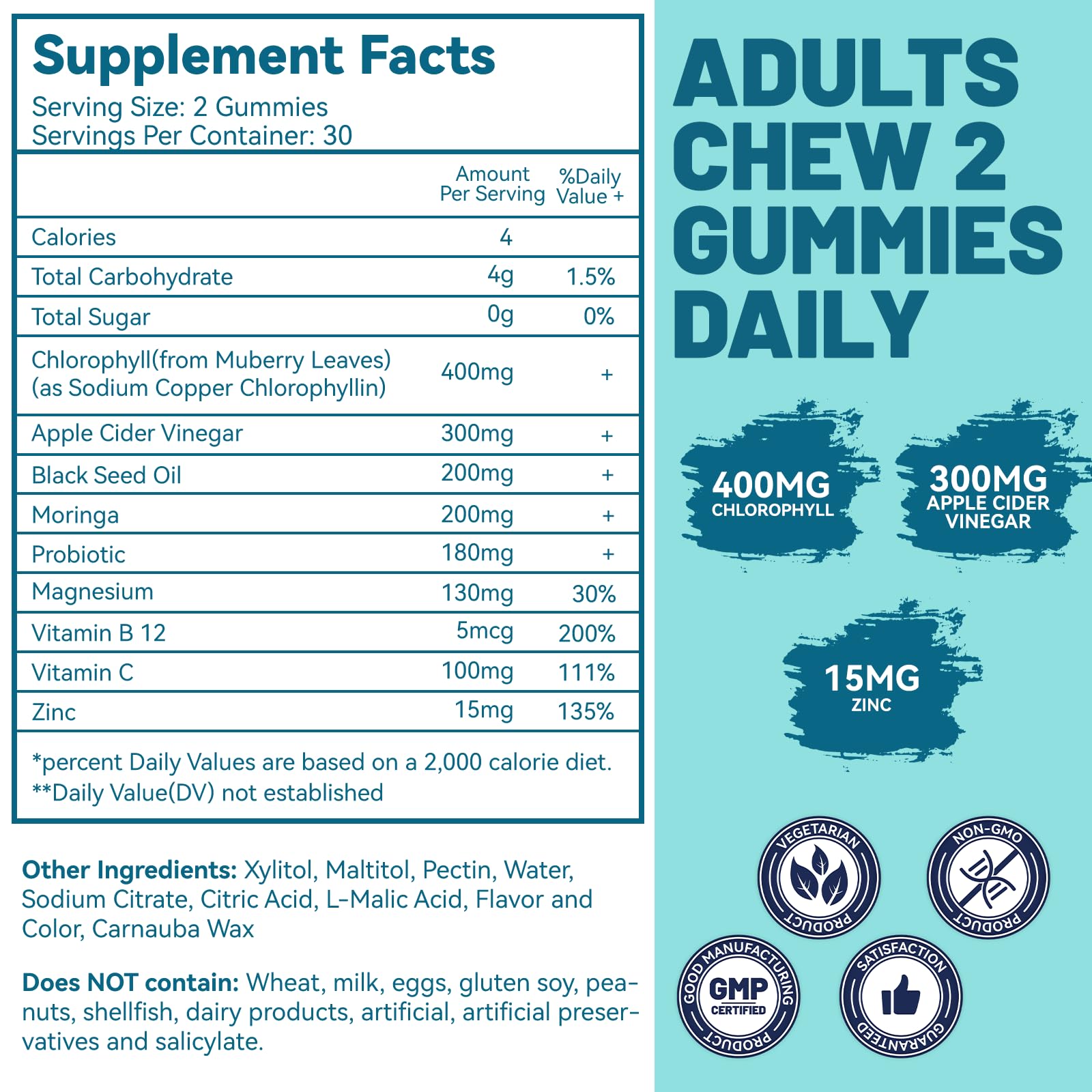 Sugar Free Chlorophyll Gummies with Vitamin B12 & Zinc – Detox, Immune & Digestion Support (60 Count) | Women