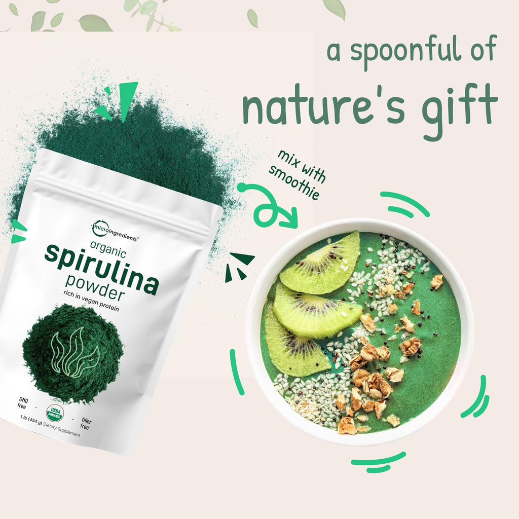 Micro Ingredients Organic Spirulina Powder 1lb | Vegan Protein & Chlorophyll