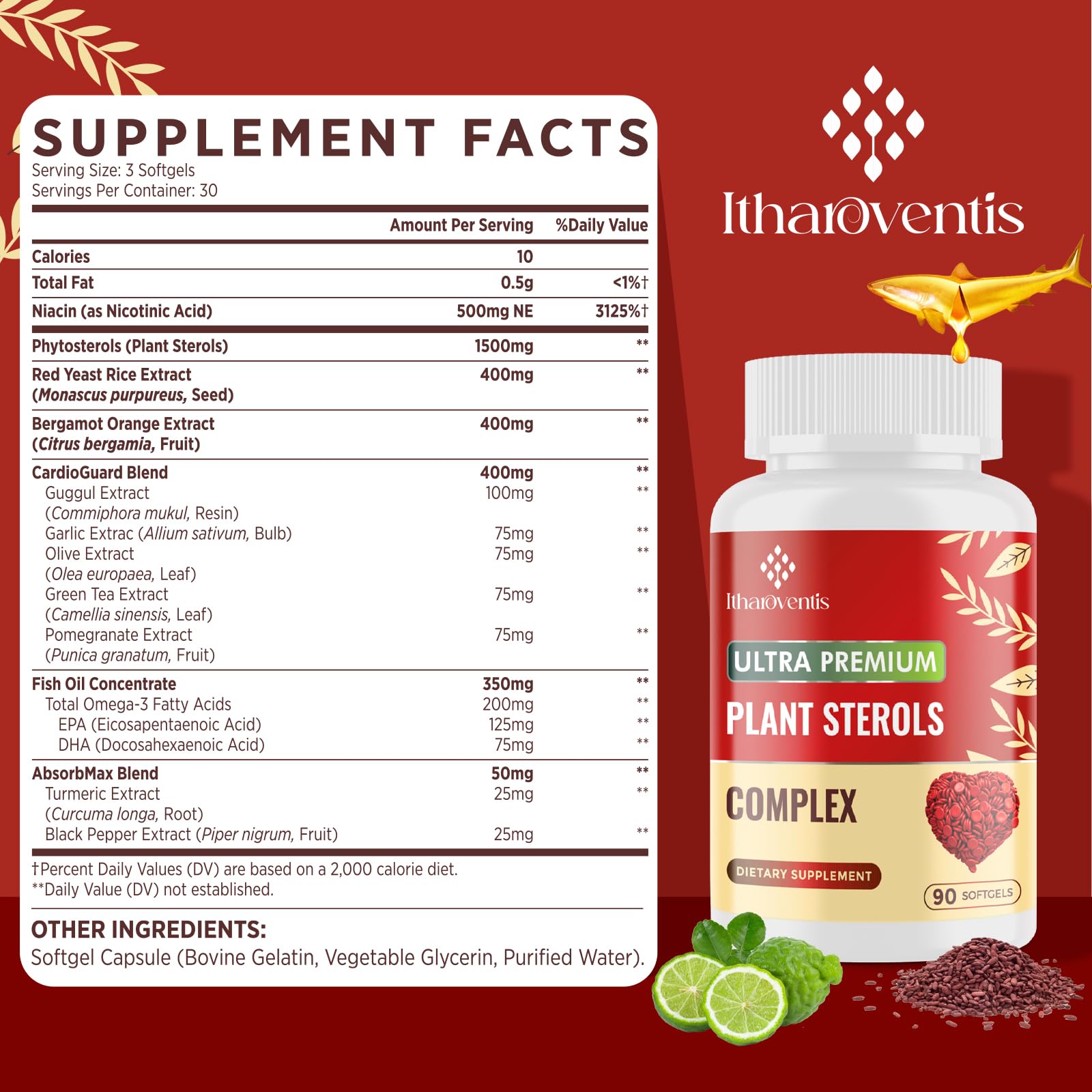 Itharoventis Cholesterol Supplements with Plant Sterols, Niacin, Red Yeast Rice, Bergamot, Omega-3 & Garlic – Advanced Absorption Formula – 180 Softgels