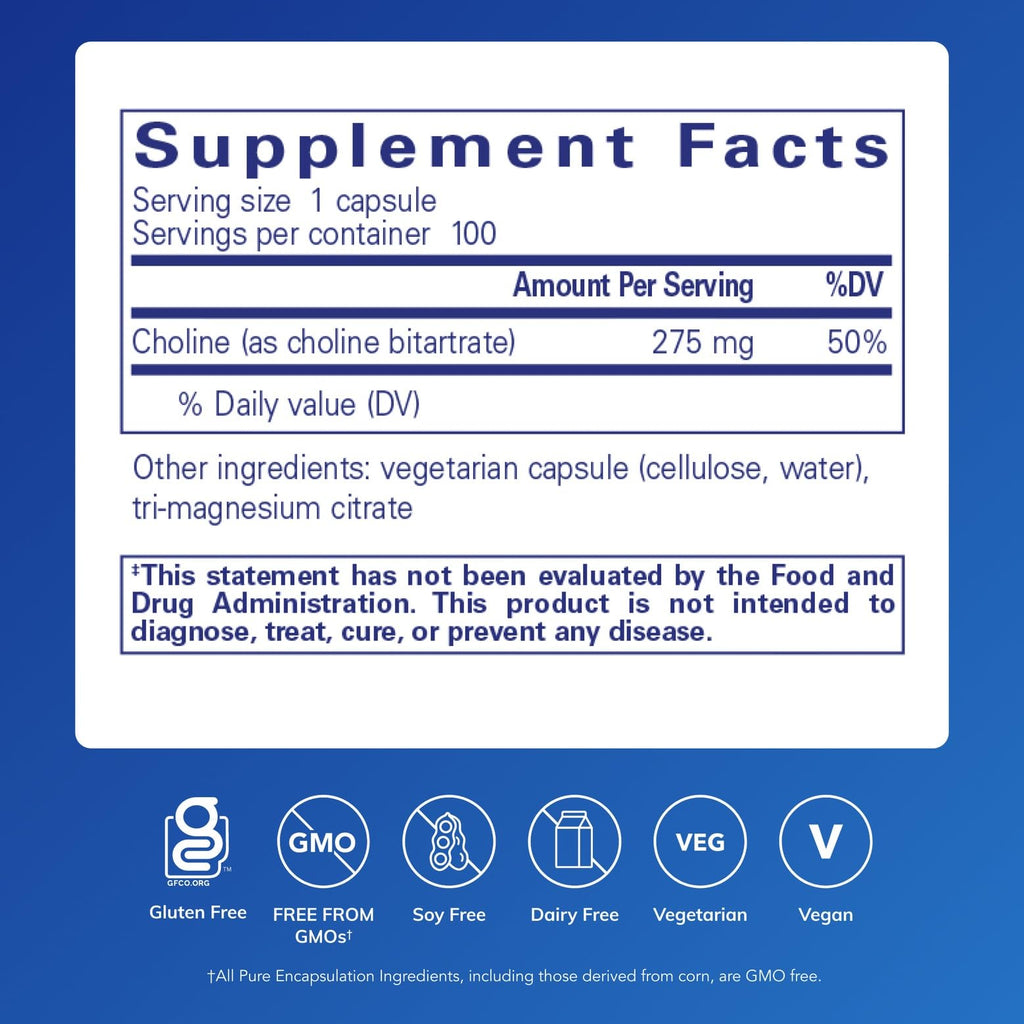 Pure Encapsulations Choline (Bitartrate) 275 mg – Brain Health, Methylation & Cell Function | Vegan & Non-GMO | 100 Capsules