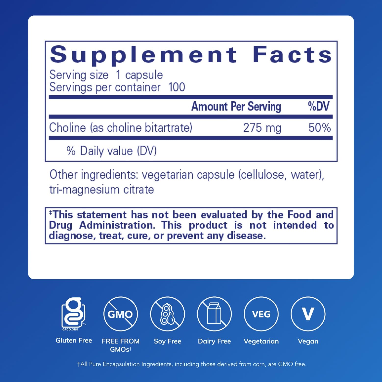 Pure Encapsulations Choline (Bitartrate) 275 mg – Brain Health, Methylation & Cell Function | Vegan & Non-GMO | 100 Capsules