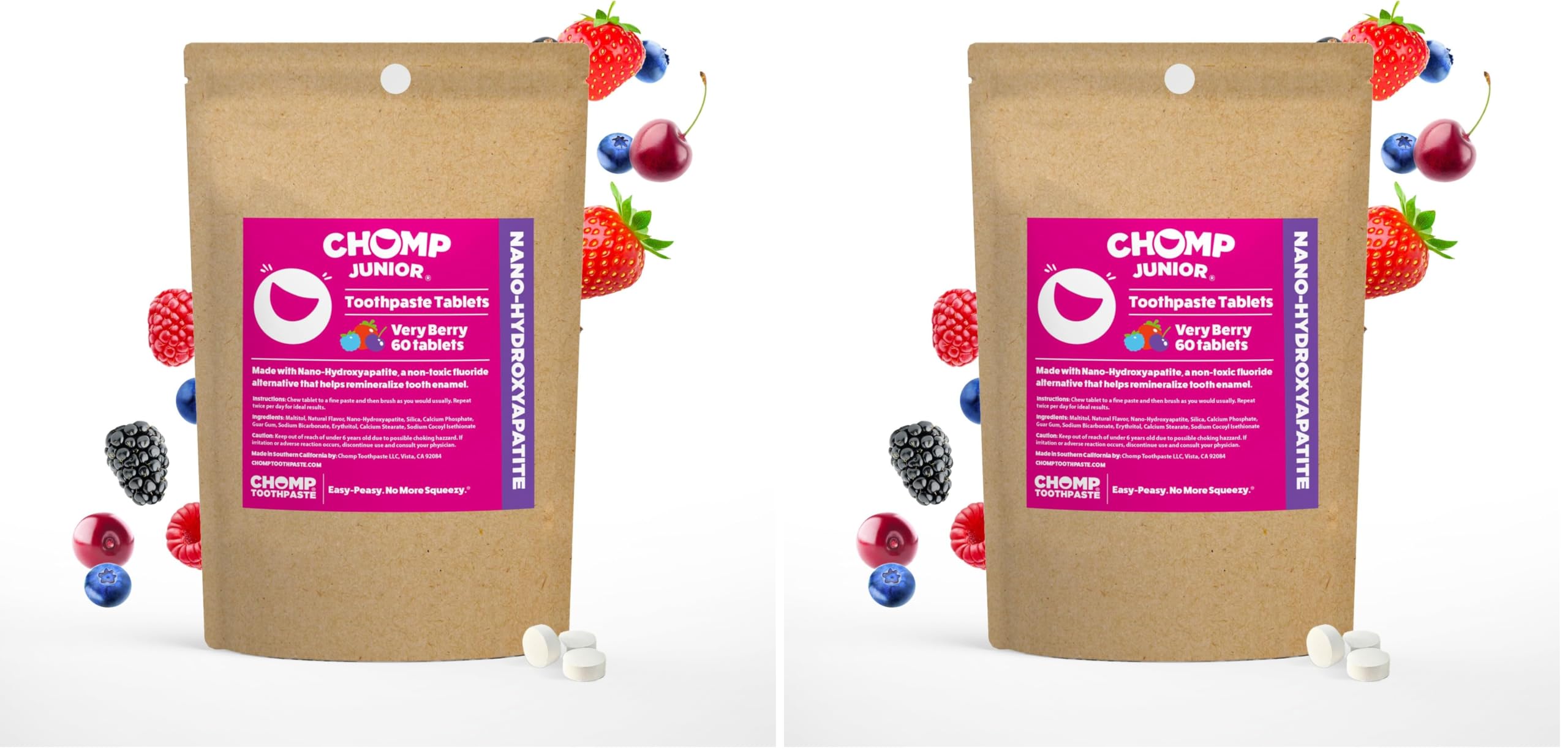 Chomp Junior Very Berry Toothpaste Tablets – Nano Hydroxyapatite Refill Pack (2)