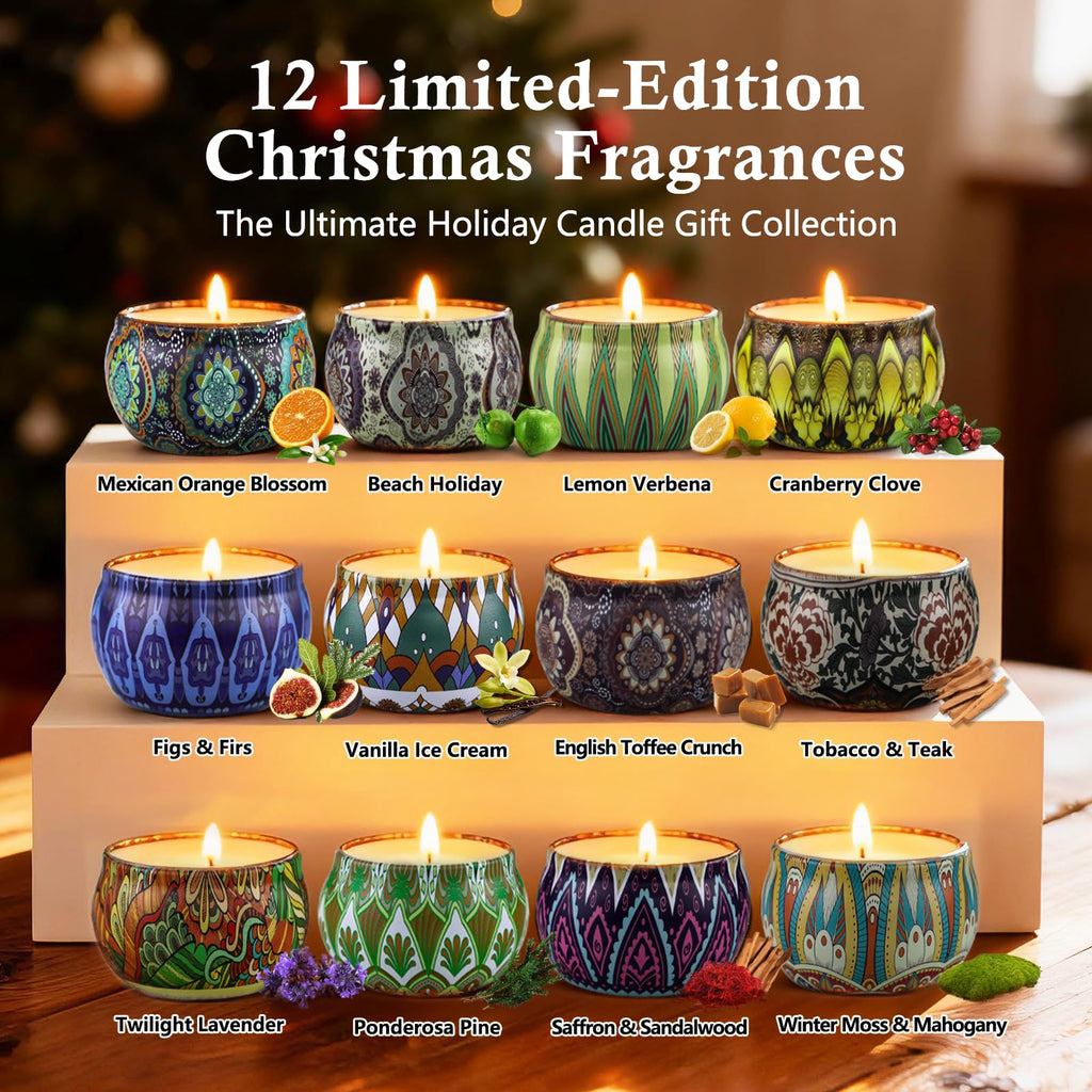 Christmas Scented Candles Gift Set - 12 Pack, Soy Wax, Gift Box